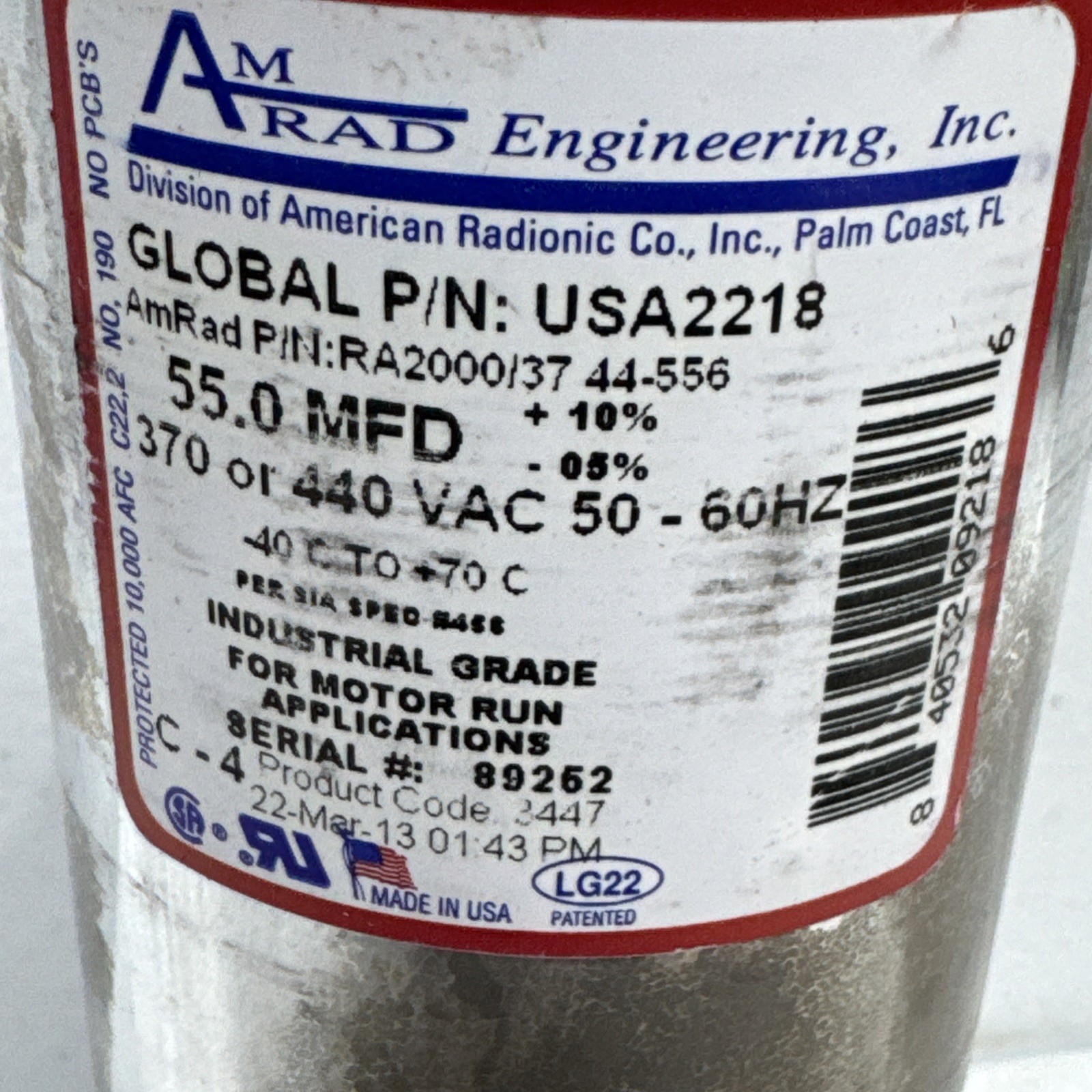 AmRad USA2218 55 uf/MFD 370-440 VAC Run Capacitor 50/60 Hz AC Electric