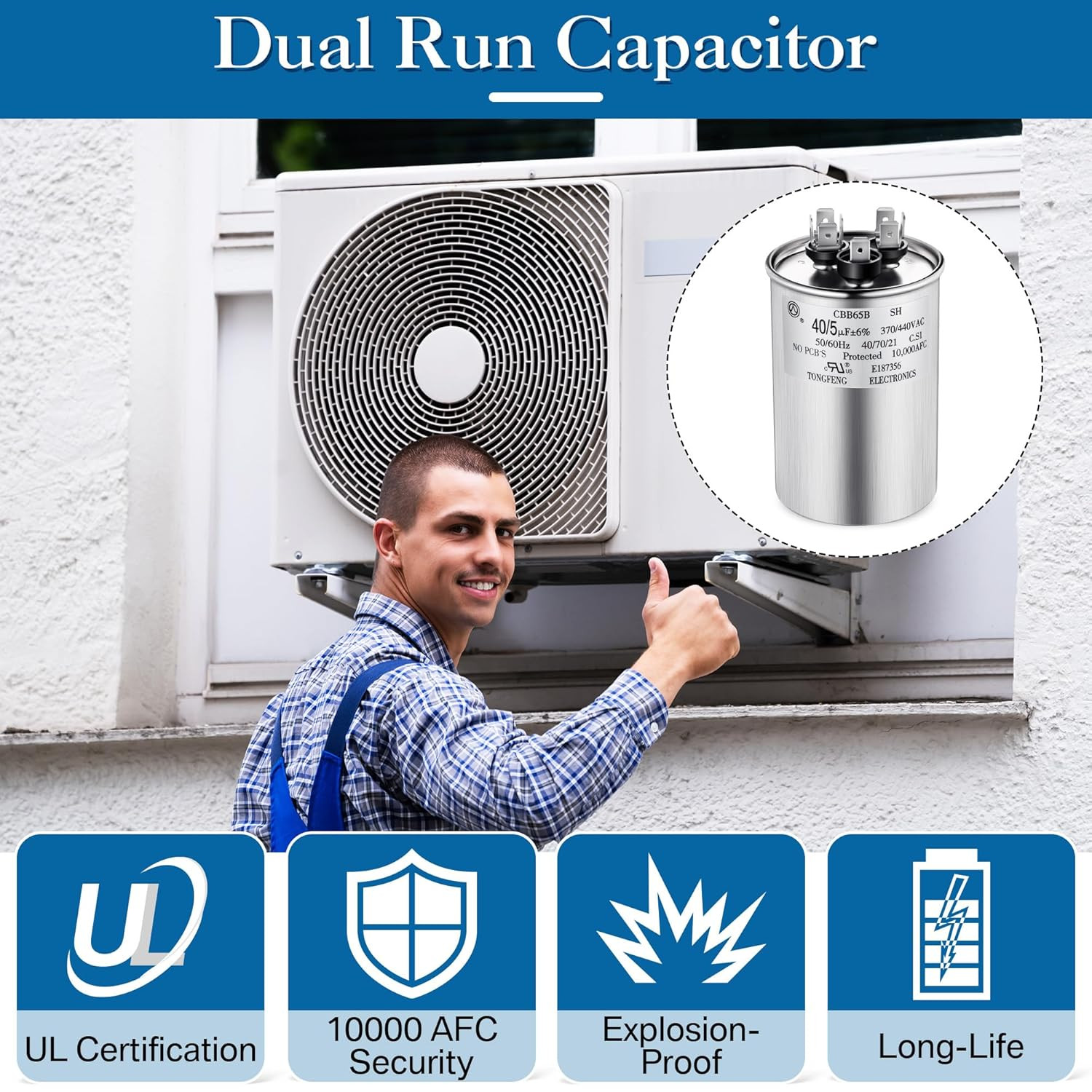 40/5 Uf Dual Run round Capacitor for CBB65B AC Motor Run Heat Pump Fan Pool Pump