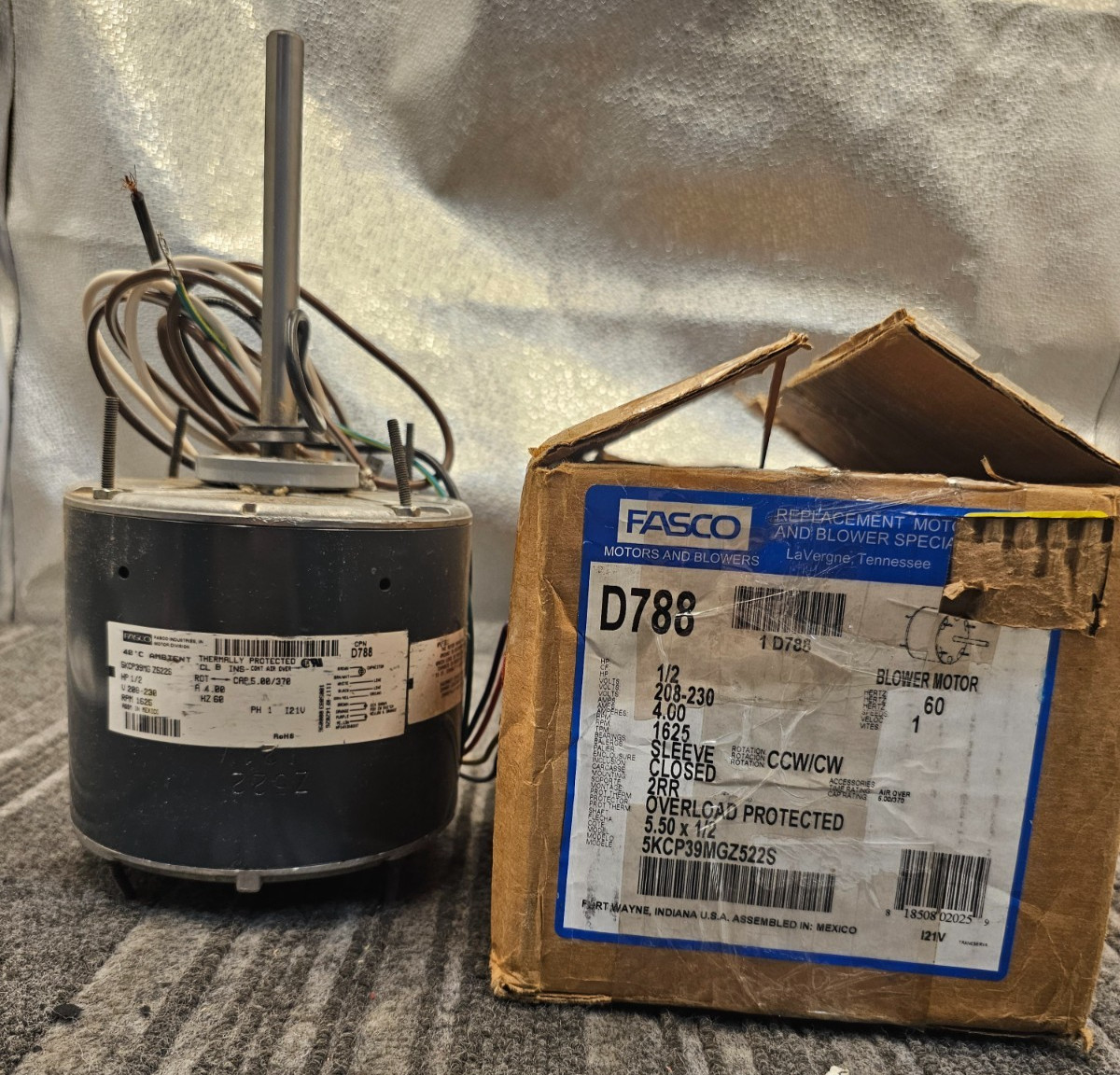 Fasco D788 Blower Motor HP 1/2 208-230V RPM1625 5KCP39MGZ522S Sleeve Closed