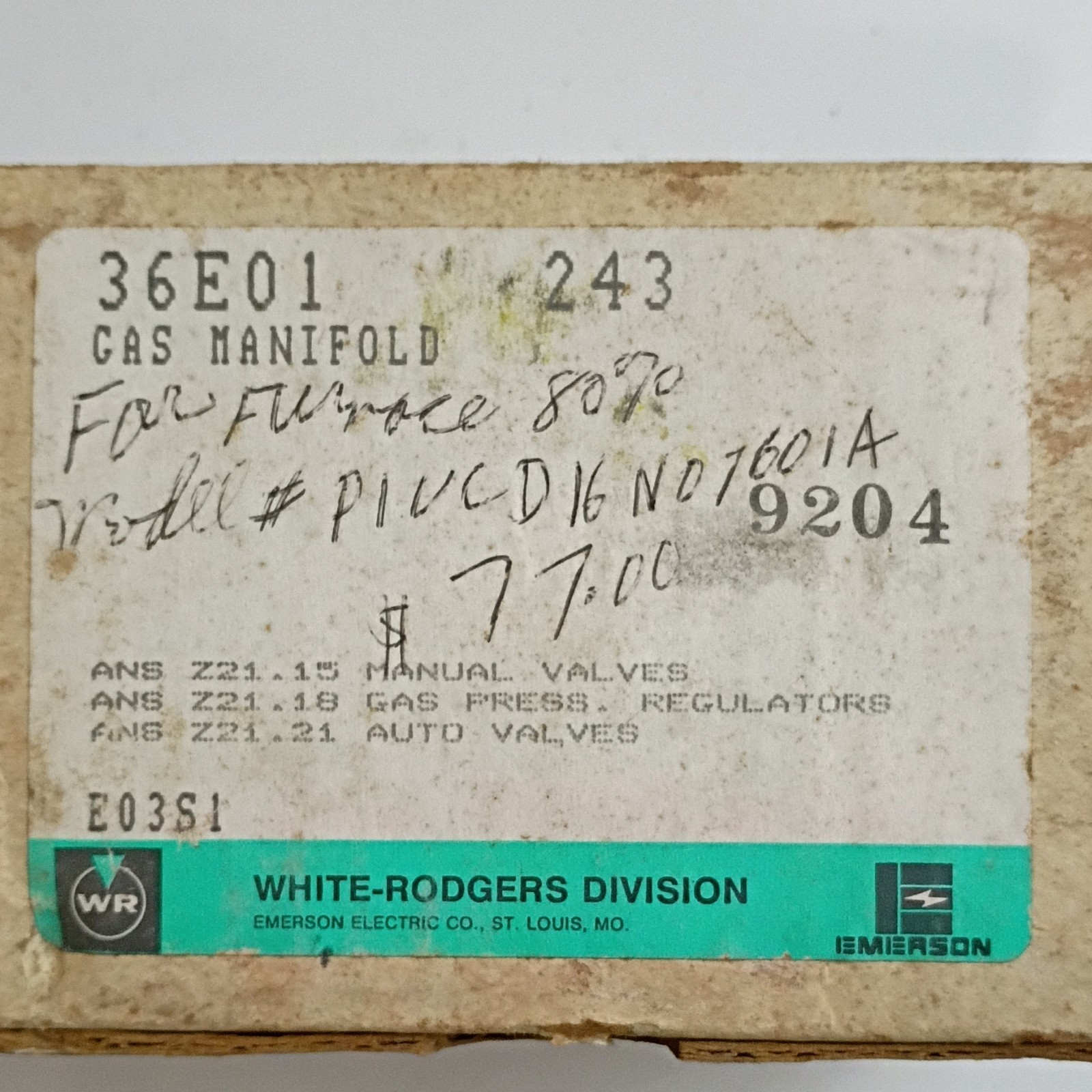 White-Rodgers 36E01 243 Gas Manifold Valve Metal Central Furnace