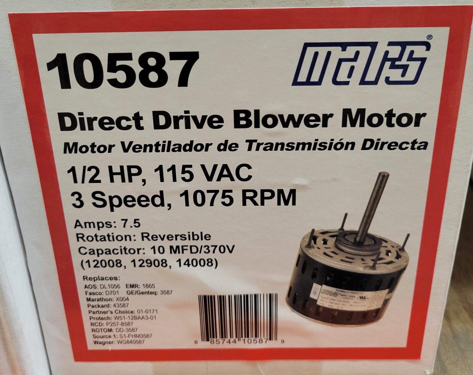 Mars 10587 1/2 HP 115V 1075 RPM 3-Speed Direct Drive Blower Motor 48 Frame PSC