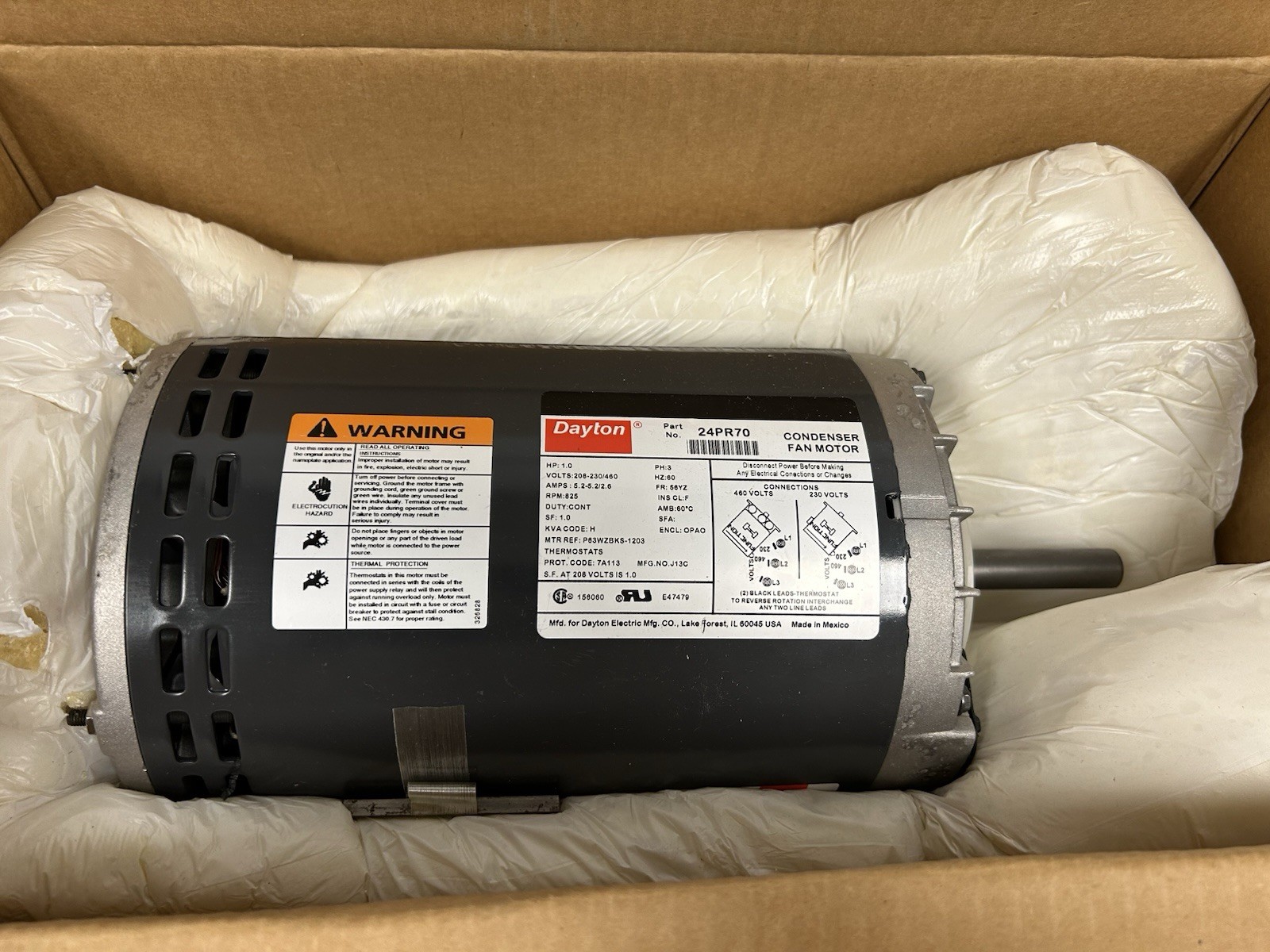 Dayton 24PR70 Condenser Fan Motor 1 HP 3-Phase 208-230/460V 825 RPM