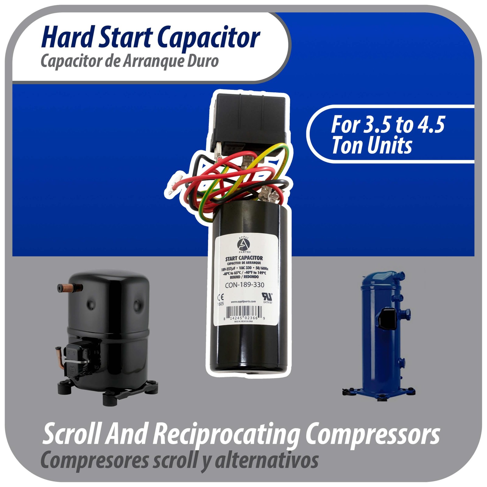 Appli Parts Hard Start kit for air conditioner includes Capacitor 189-227MFD 330