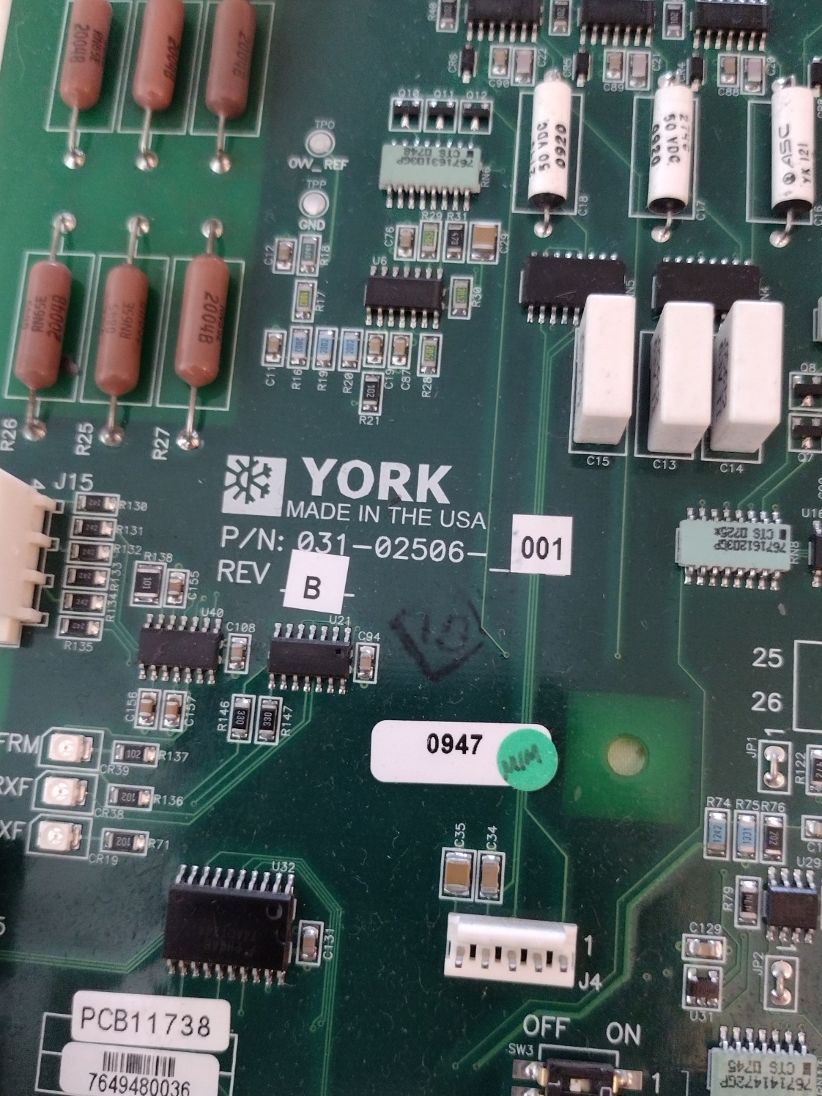 York Chiller Logic Board 031-02506-001 Rev B