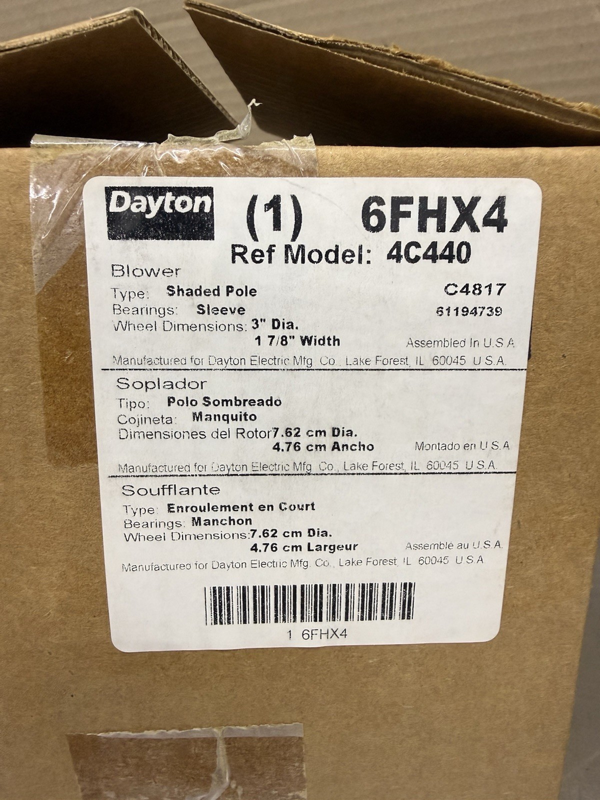 Dayton 6FHX4 Shaded Pole Blower Ref Model 4C440 New Made In USA