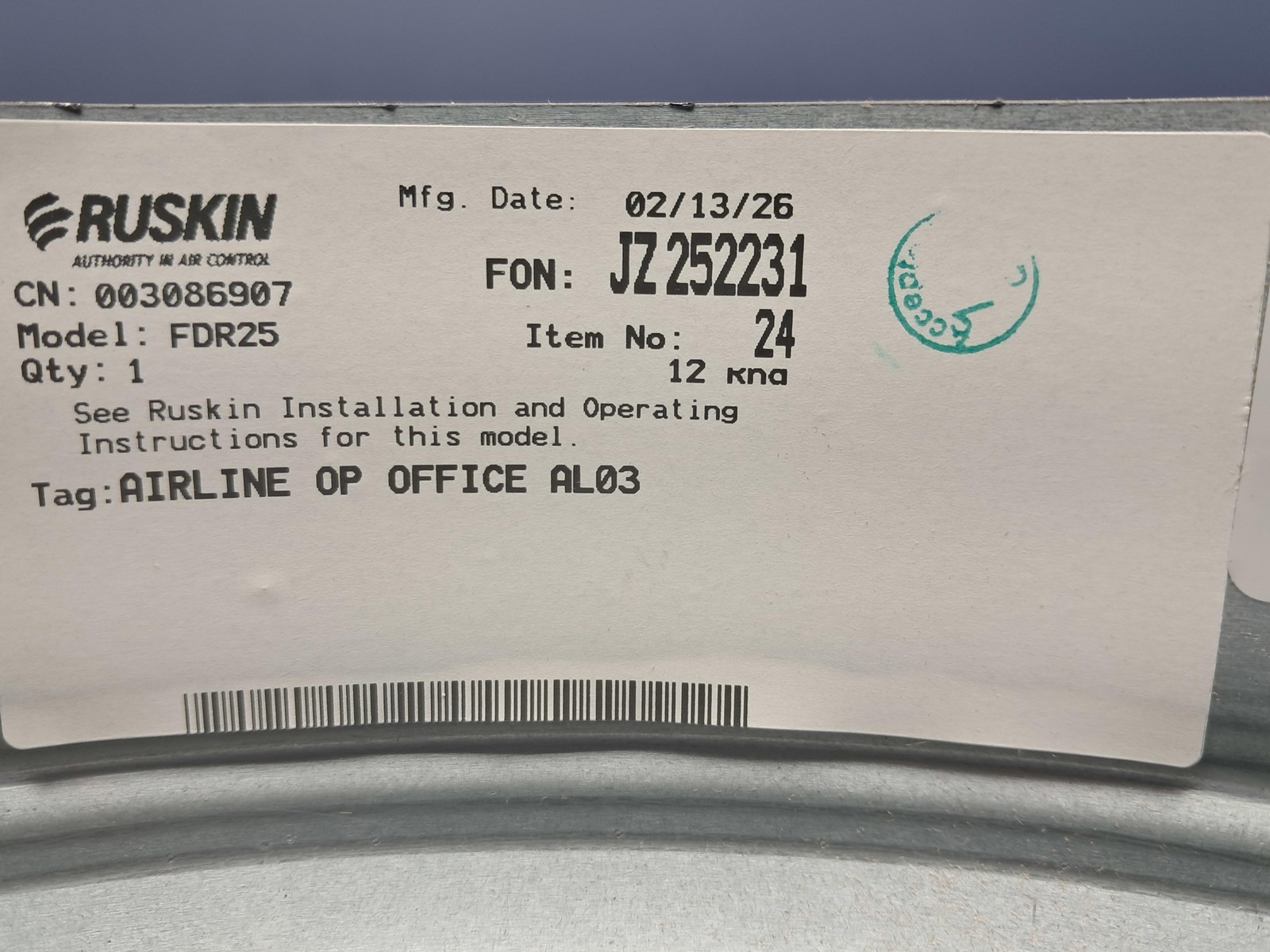 Ruskin – FDR25 – 12″ Round Galvanized Steel Fire Damper w/Cable – NEW