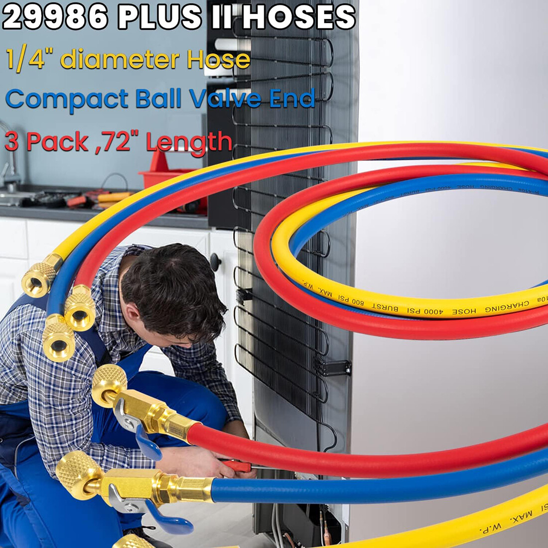 29986 Plus II 1/4″ Red Blue Yellow Charging Hose Compact Ball Valve 72″ 3 Pack