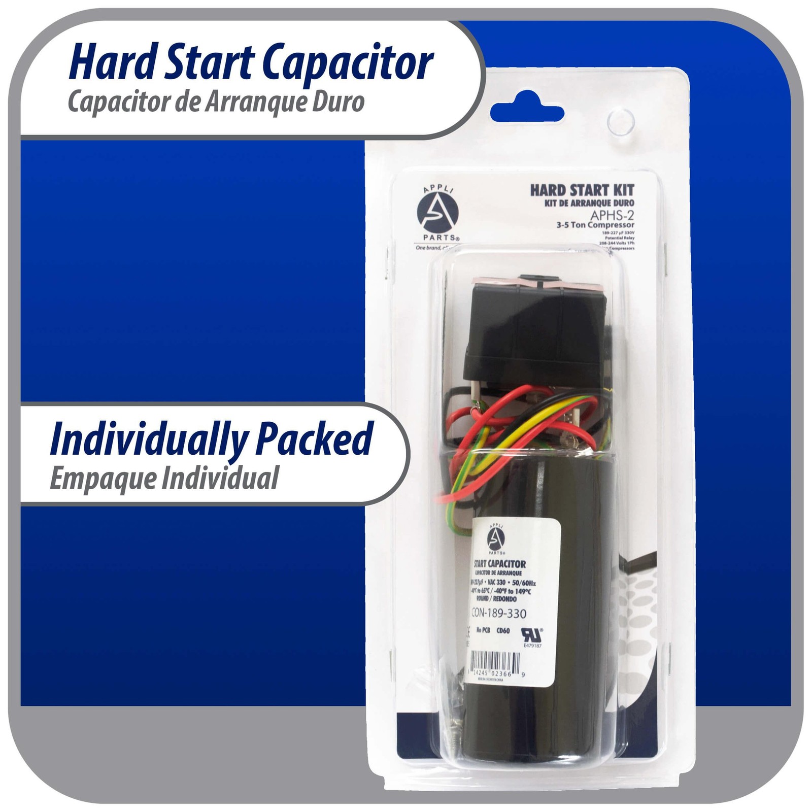 Appli Parts Hard Start kit for air conditioner includes Capacitor 189-227MFD 330