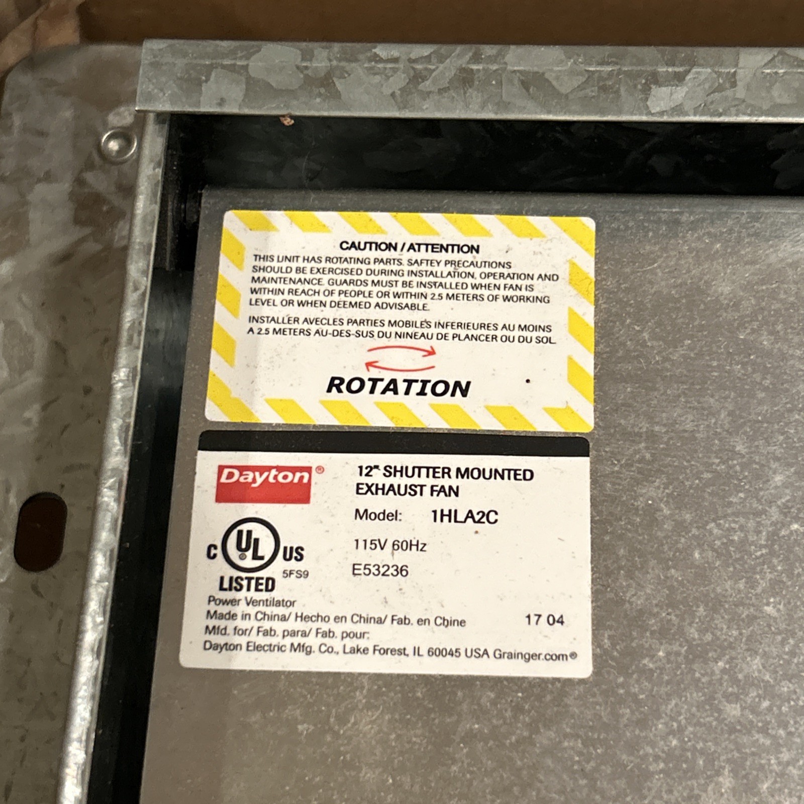 DAYTON – 1HLA2C Shutter Mount Exhaust Fan 12 in Blade Totally Enclosed 1/20 hp