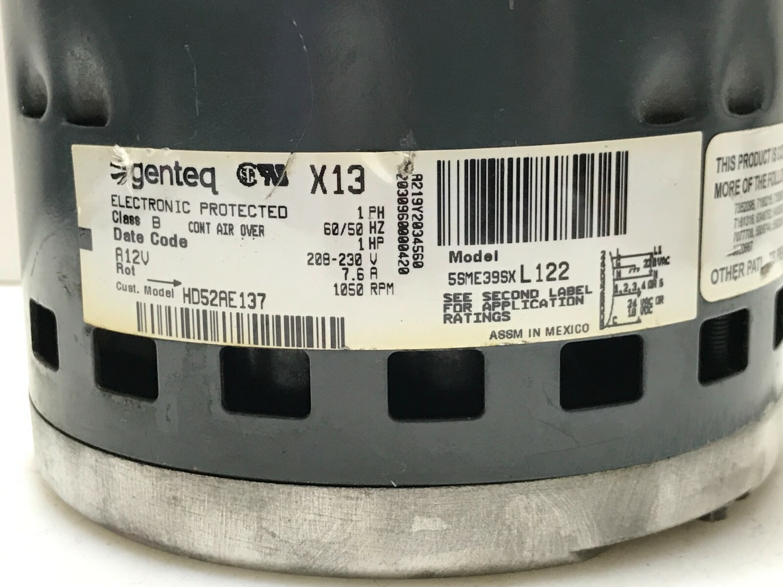 Genteq X13 Blower Motor 5SME39SXL122 208-230V 1050RPM 1PH HD52AE137 used #MC225