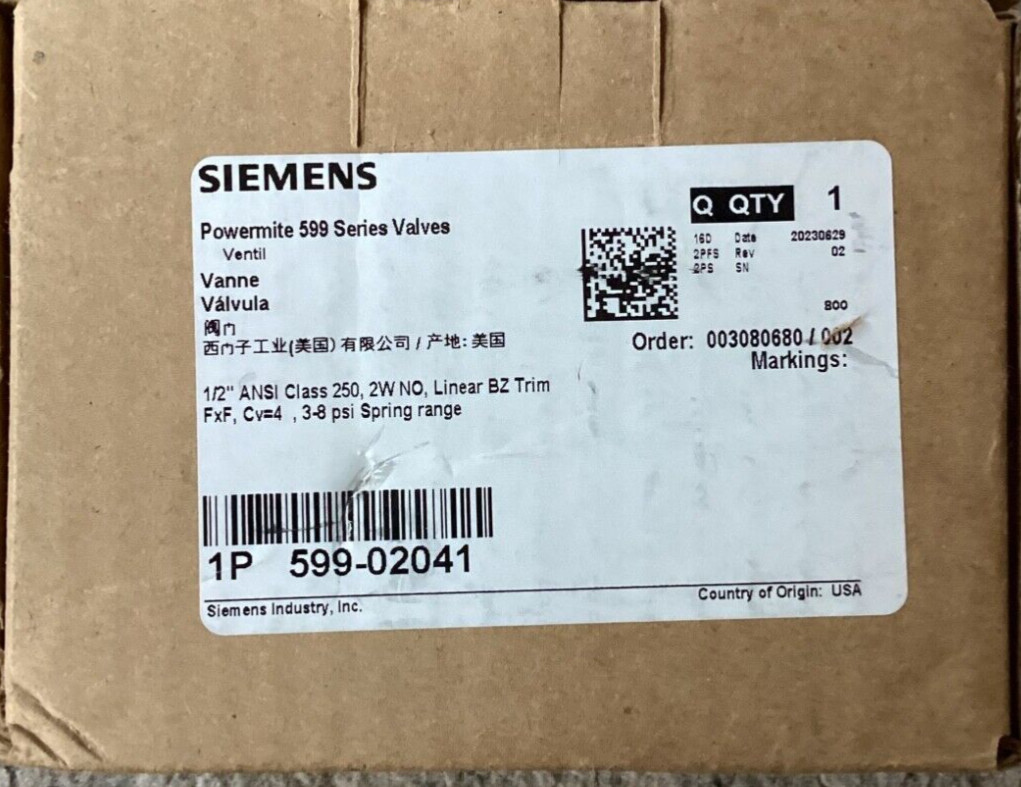 Siemens 599-02041 Control Valve,Globe, 1/2 In. Npt