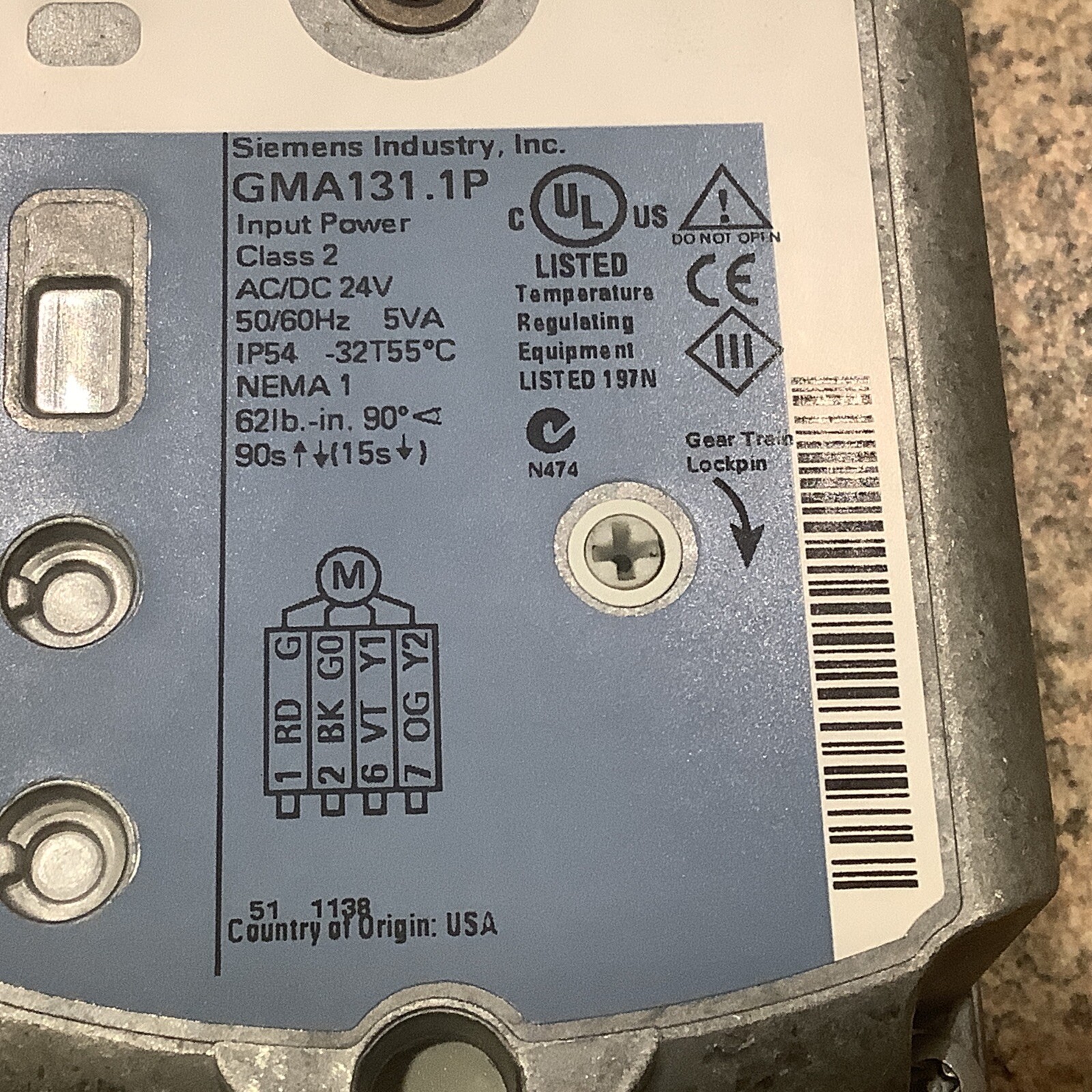 SIEMENS Open Air Actuator GMA131.1P 24V. 62in/Lb. 3P