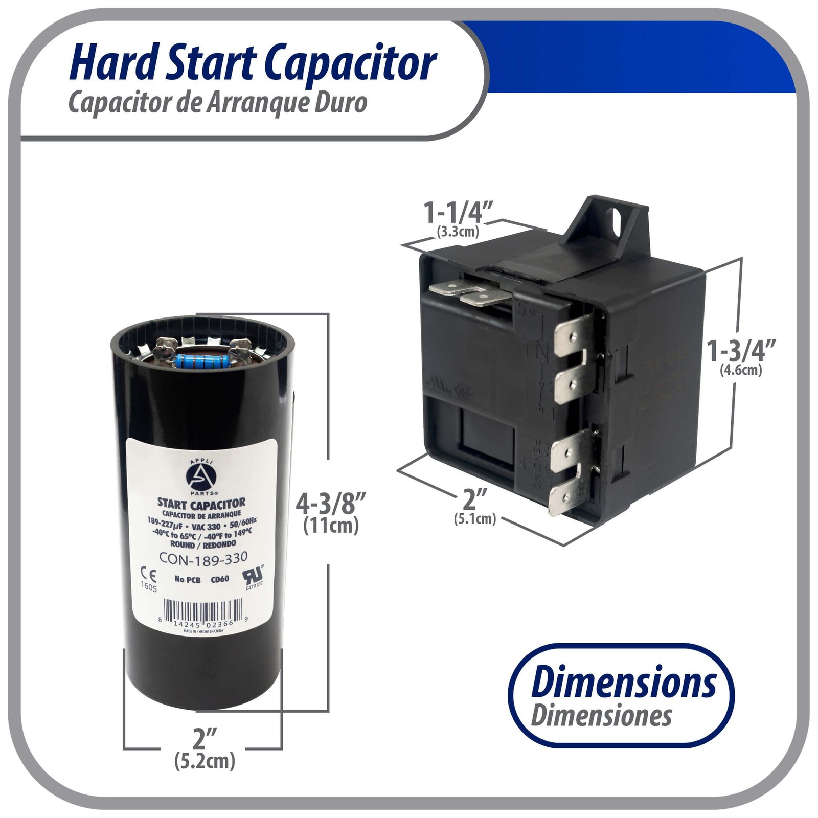 Appli Parts Hard Start kit for air conditioner includes Capacitor 189-227MFD 330
