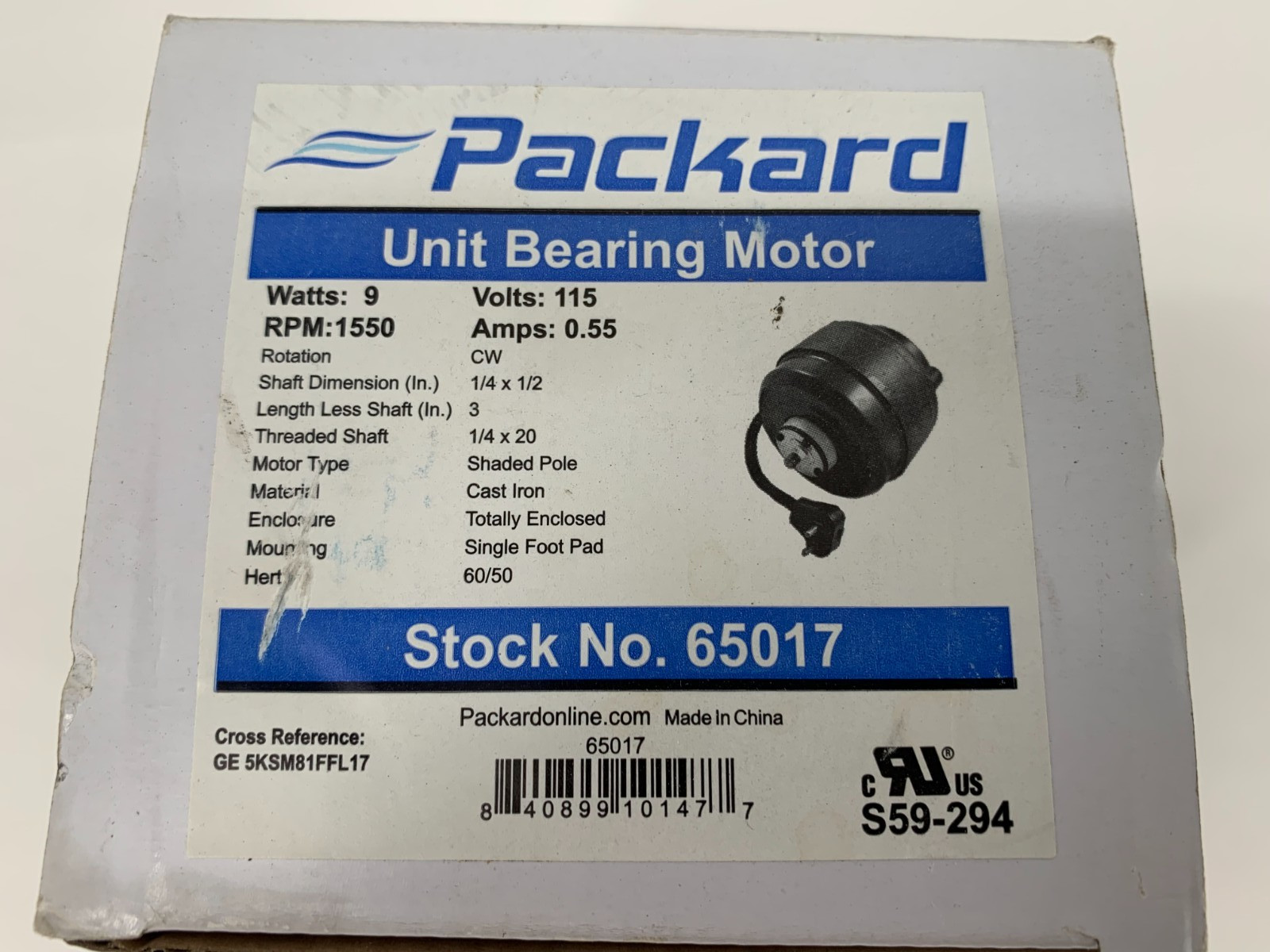 Packard 65017 Shaded Pole Cast Iron Unit Bearing Fan Motor 115V 0.55A CW