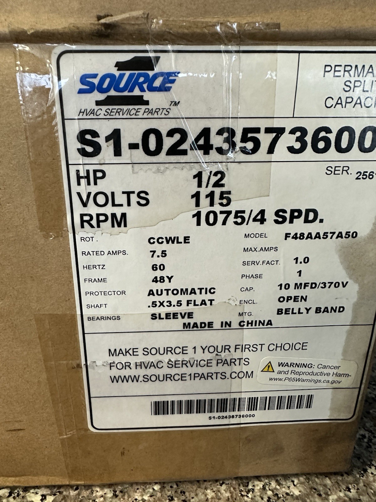 Source 1 Blower Motor 1/2 HP 115V 1075 RPM 4-Speed 7.5A F48AA57A50