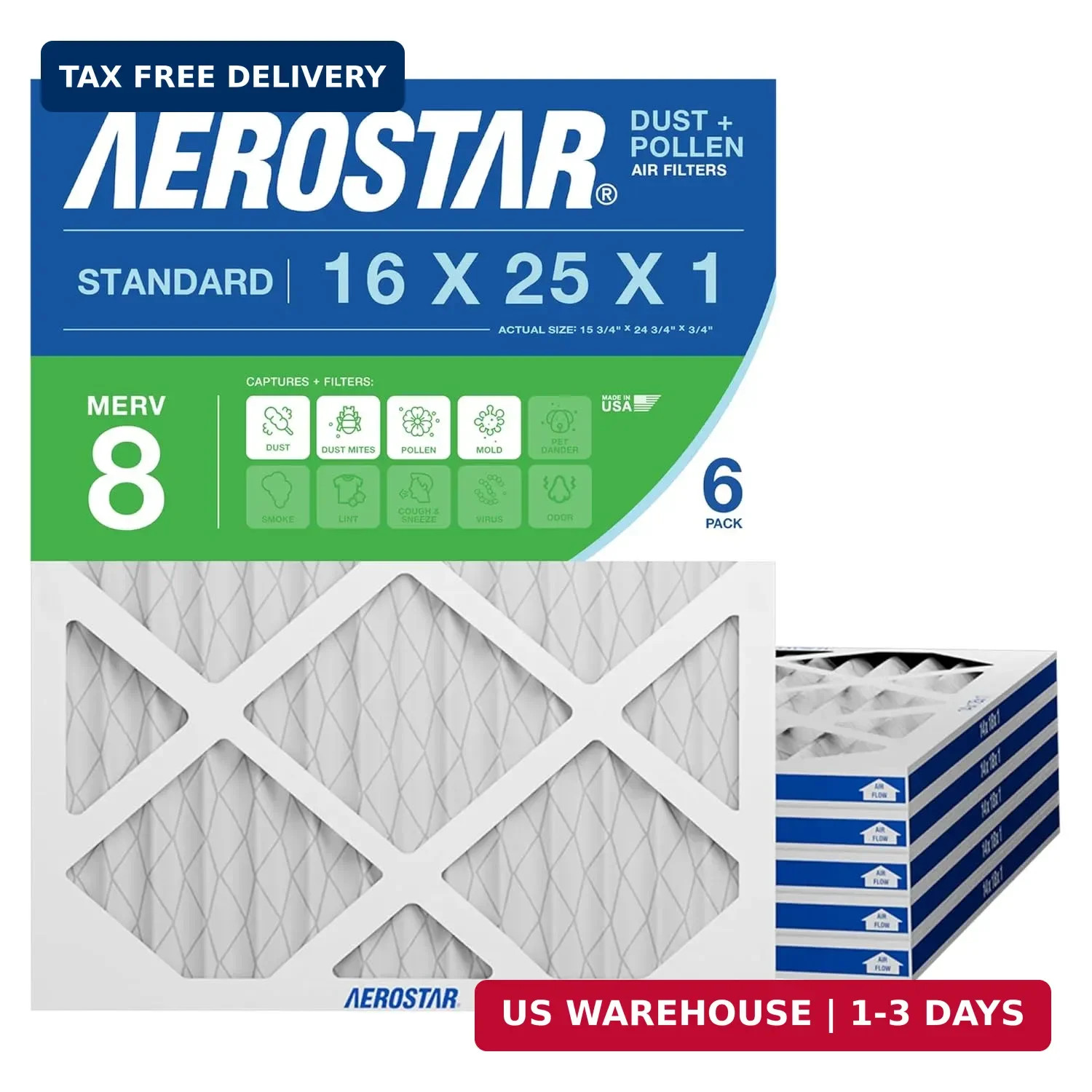 Aerostar 16x25x1 MERV 8 Air Filter, 6 Count, ACTUAL SIZE (15.75 x 24.75 x 0.75),
