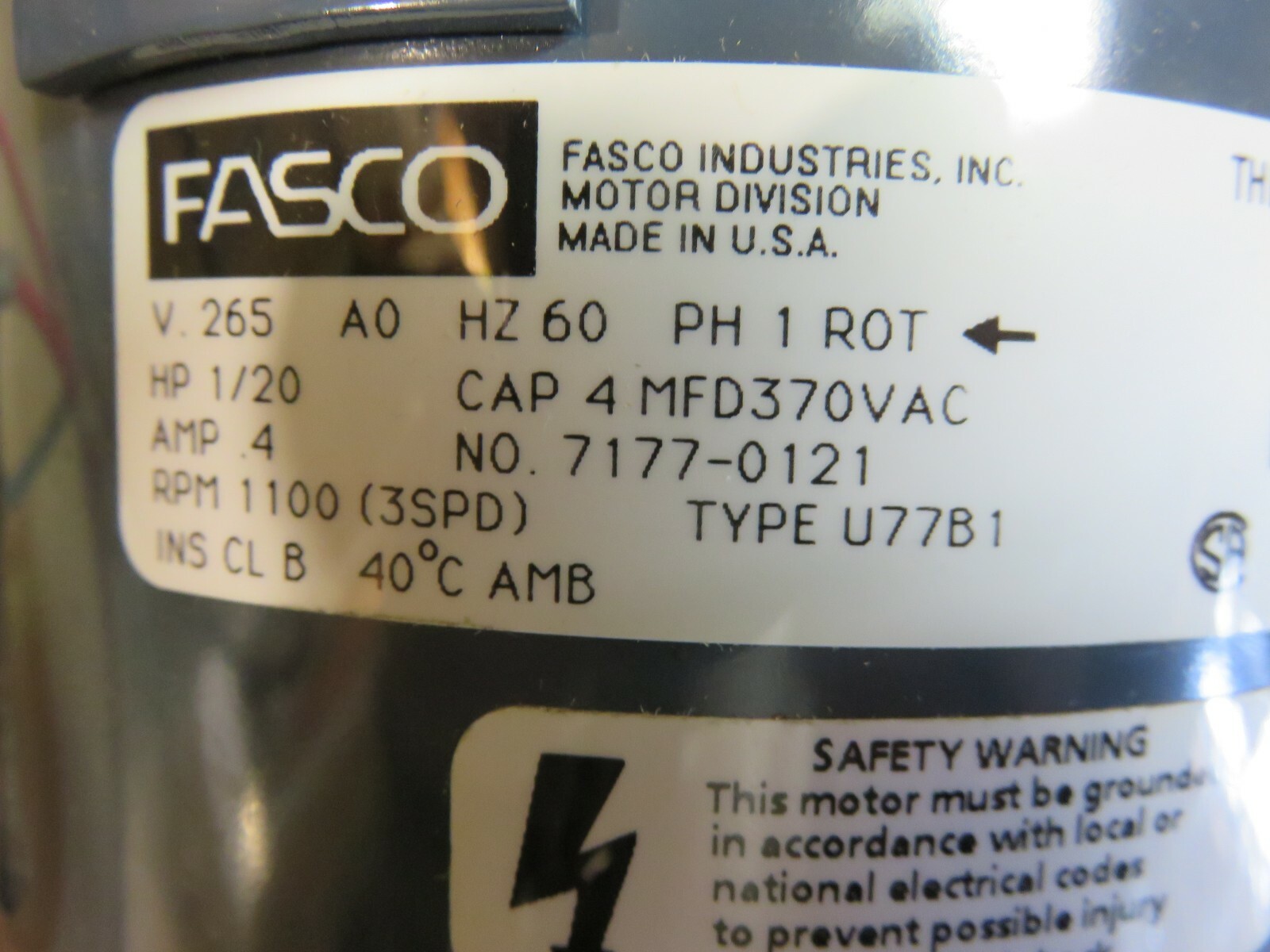 FASCO D1062 ELECTRIC MOTOR 265V 1/20 HP PART# 7177-0121