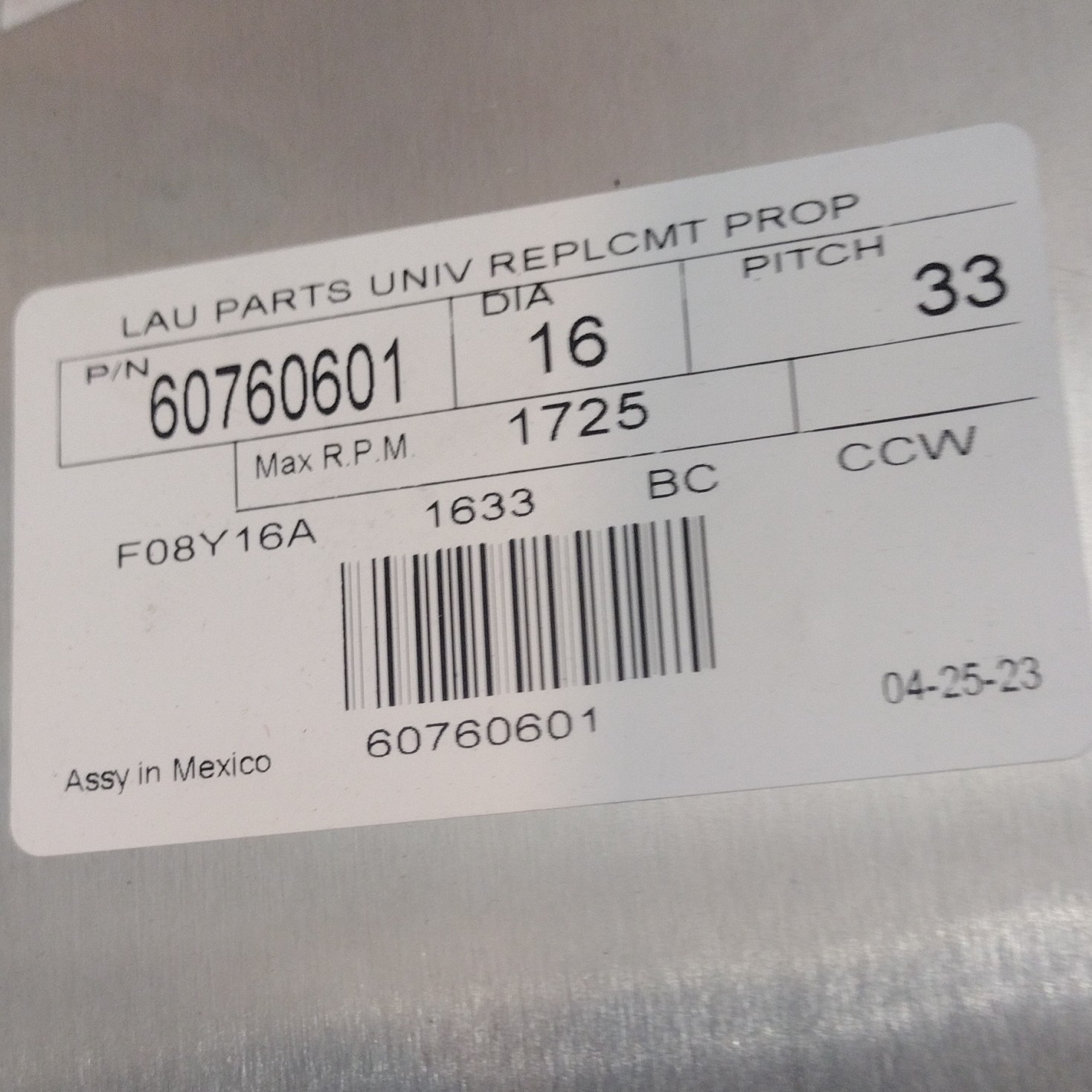 Lau 60760601 Replacement Fan Blade Propeller 16in 33 Pitch CCW Silver