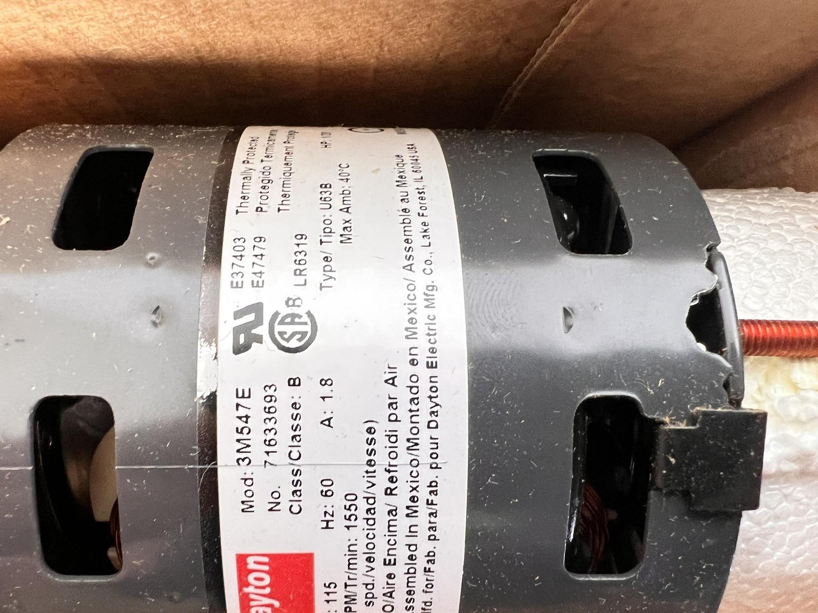 Dayton 3M547E Shaded Pole Blower Motor 1/20 HP 1550 RPM 115V 1PH Sleeve Bearing