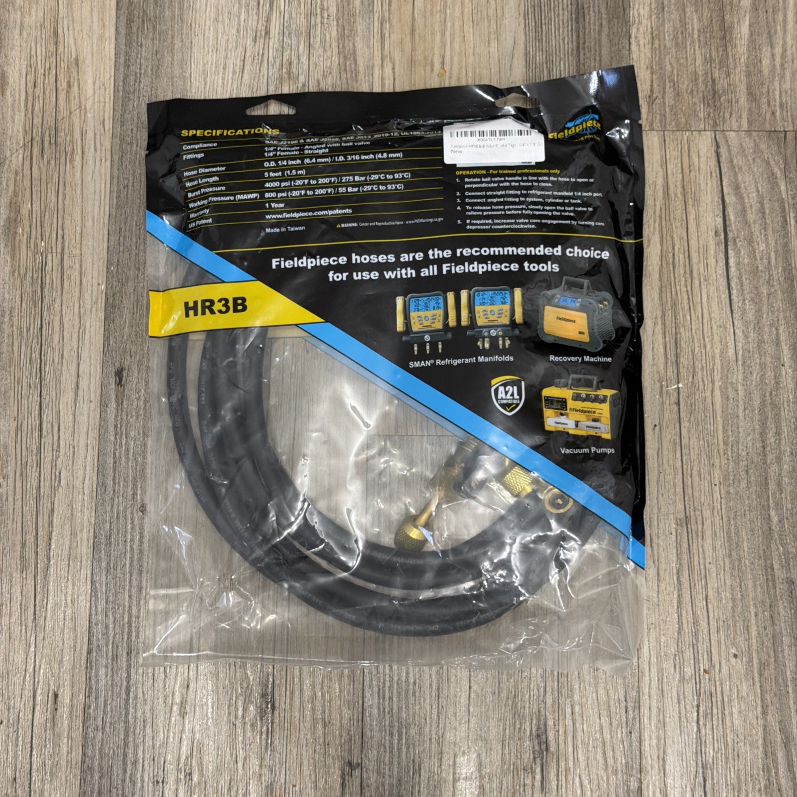 Fieldpiece HR3B HVAC Ball Valve Hose Set (3) 1/4 x 1/4 Refrigerant Charging Hose