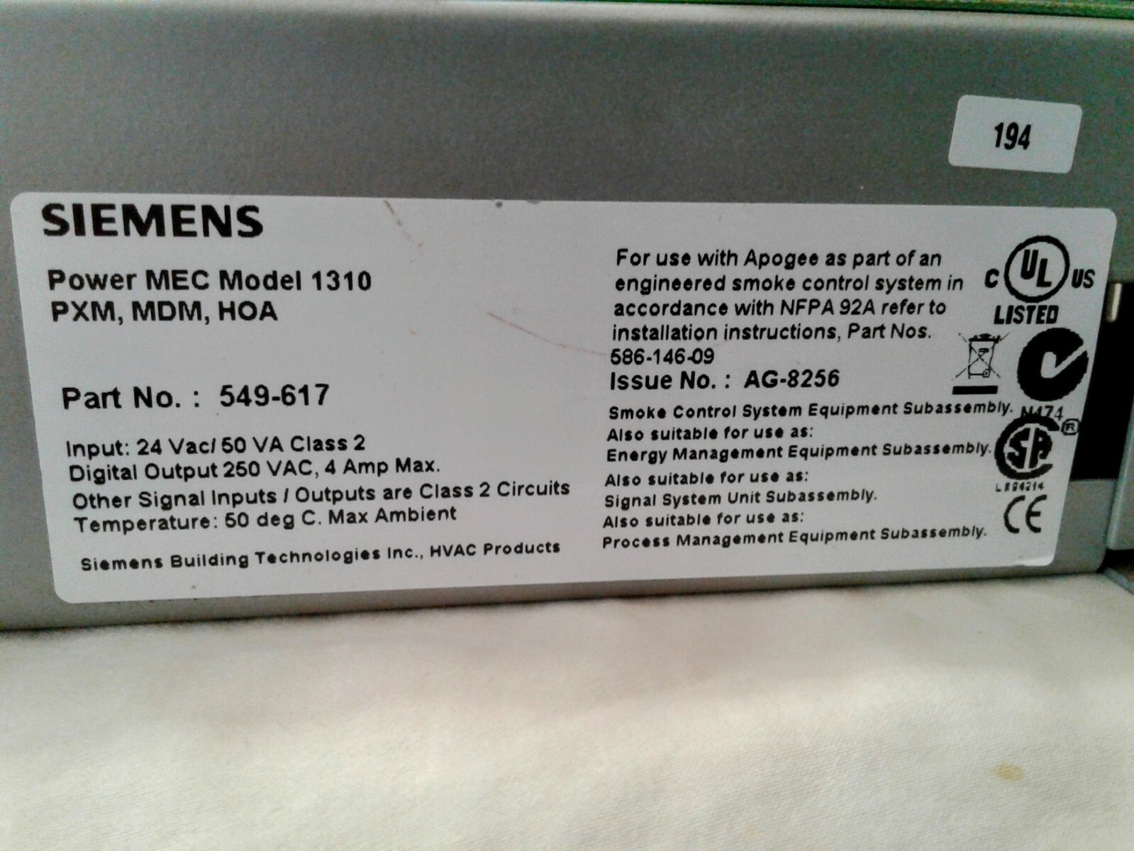 Siemens Apogee Mechanical Equipment Controller MEC Series 1310 HOA 549-617 USED