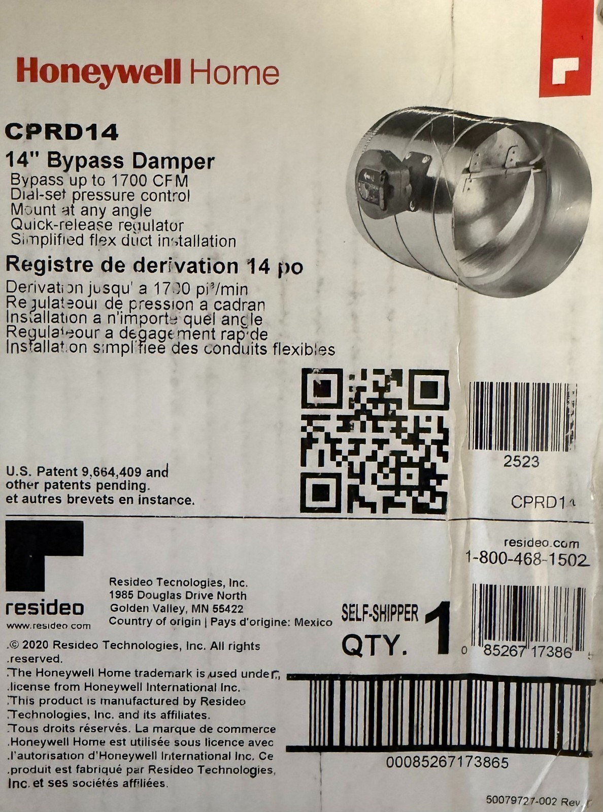 Honeywell home TrueZone CPRD14 14 In. Round Bypass Damper *NEW*