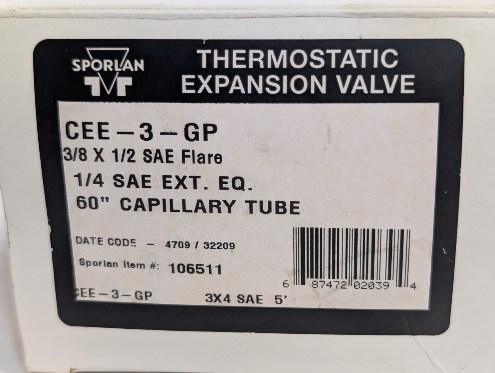 Sporlan CEE-3-GP thermostatic expansion valve, 3/8×1/2 SAE, 1/4 EQ, 60in cap