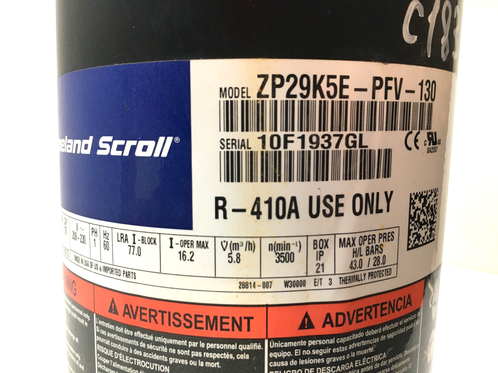 Copeland 2.5 Ton Scroll Compressor ZP29K5E-PFV-130 R410A 208/230V 1 PH used C183