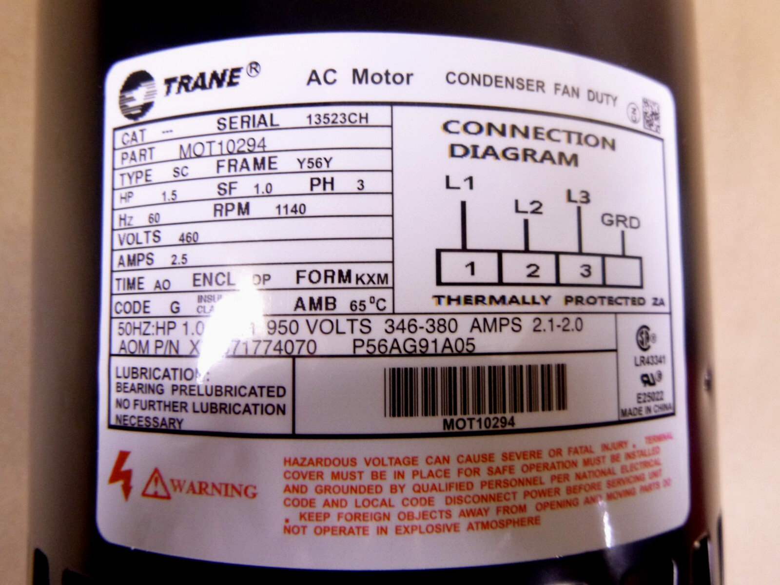 MOT10294 Trane Condenser Fan Motor 460V 3 Phase Motor – 1.5HP, 1140RPM, 56Frame