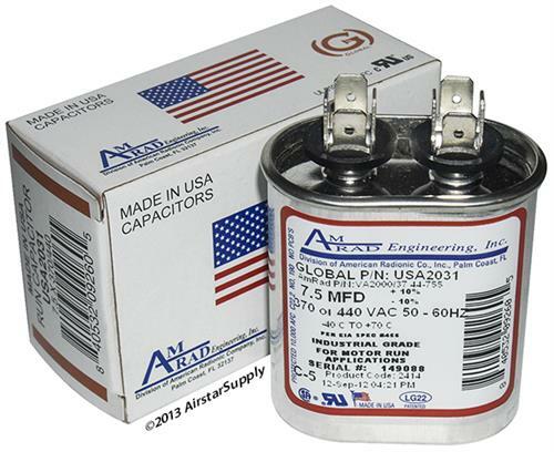 7.5 MFD x 370 / 440 VAC Oval Run Capacitor AmRad USA2031 – Made in the USA