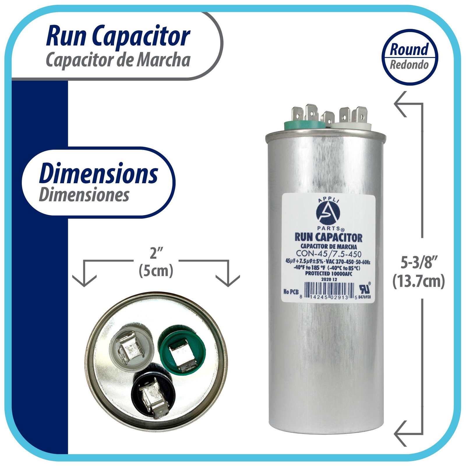 Appli Parts Dual Run Capacitor for ac 45+7.5 Mfd uF (microfarads) 370VAC or 450V