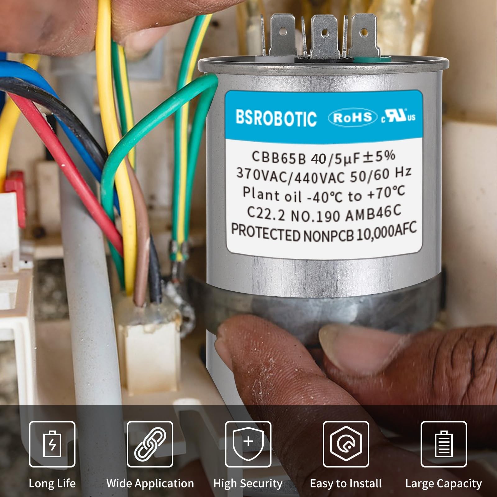 40/5 440v CBB65B AC Capacitor – 40+5 uf ±5% MFD 370/440 Volt Dual Run 40+5uf