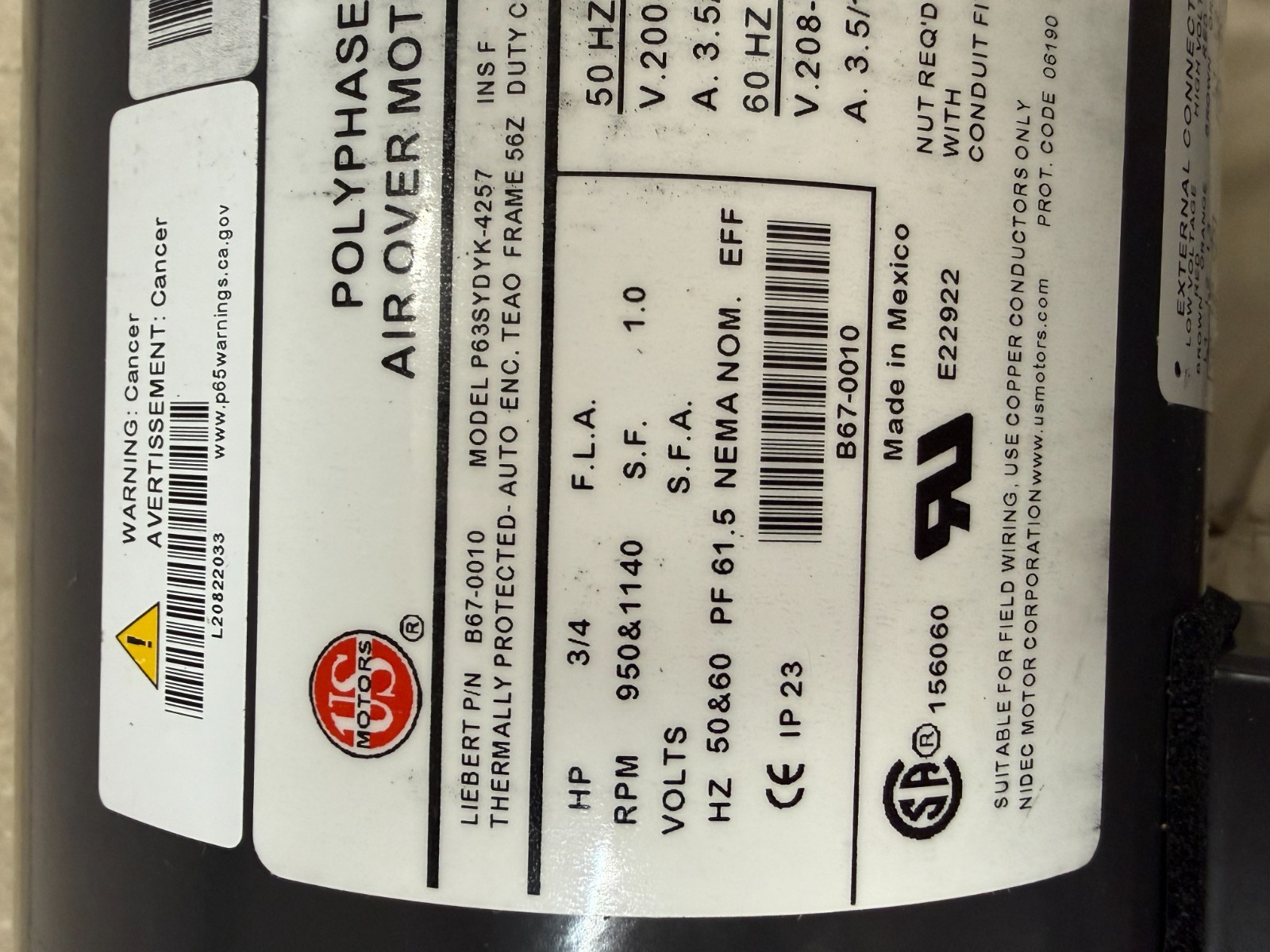 LIEBERT KIT-B670010 Polyphase Air Over Motor 208-230/460V AC, 3/4 hp, 3 Phase