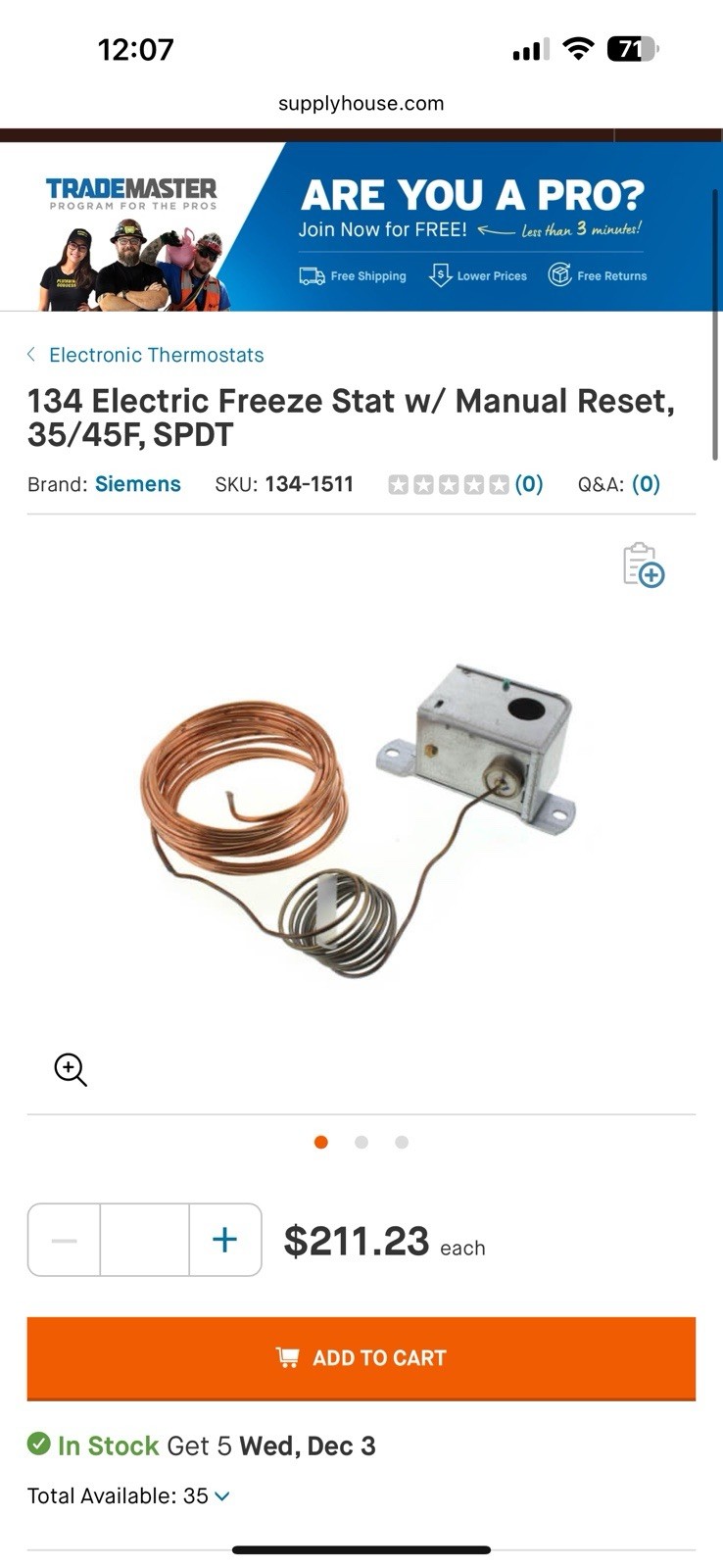 Siemens 134-1511 Low Temperature Cutout Control Range 35 to 45 deg