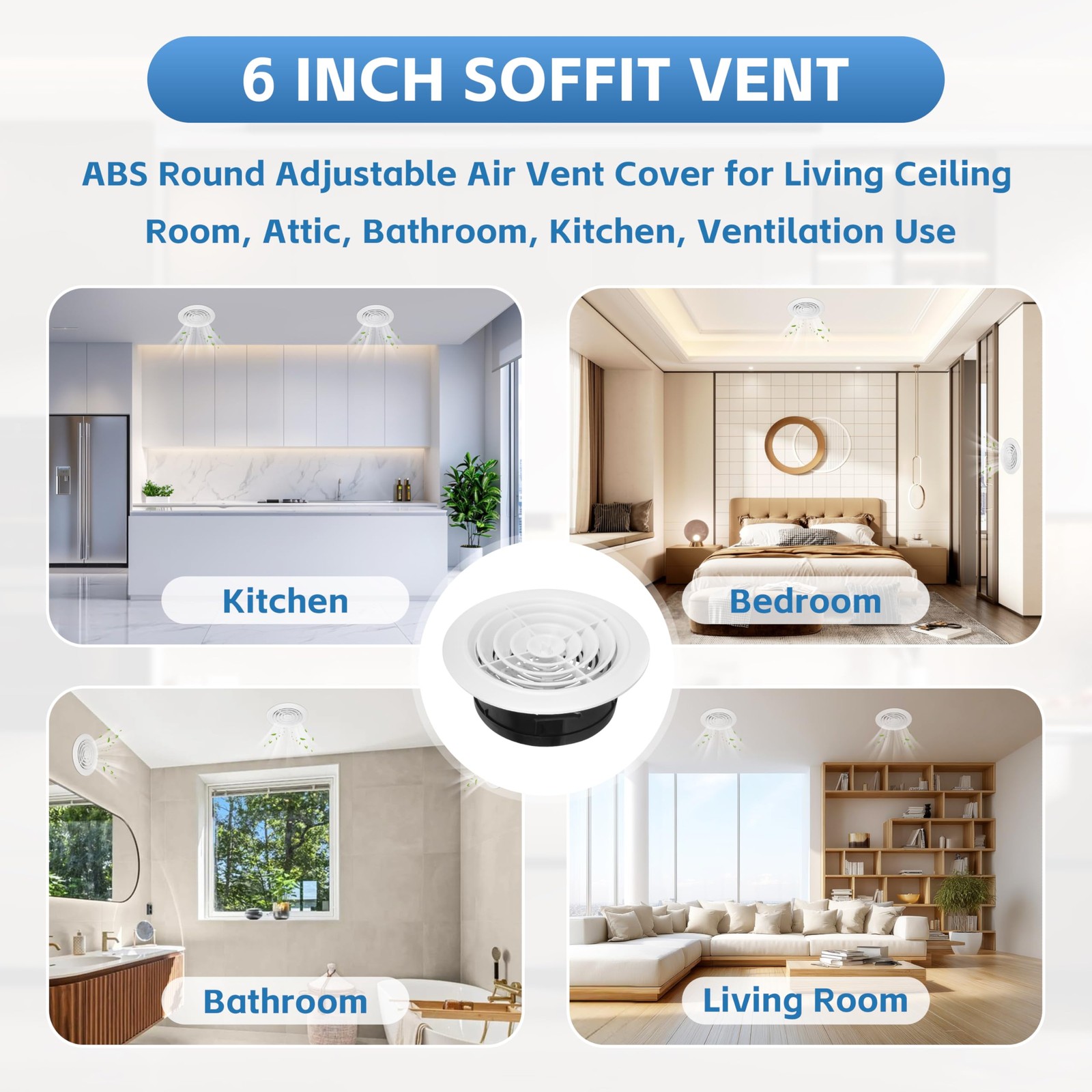 Round Air Vent Cover, 6 Inch Adjustable, ABS Ceiling 6 rotate 1pack