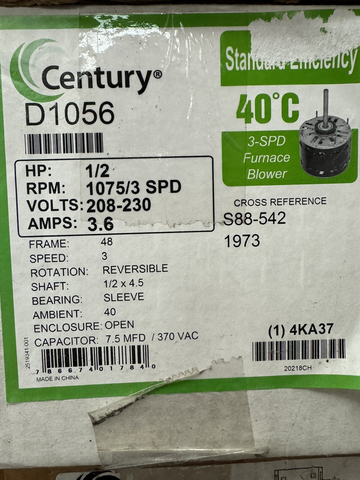 CENTURY 4KA37 DIRECT DRIVE BLOWER MOTOR, 1/2HP, 1075RPM, 3-SPEED, OPEN AIR-OVER.