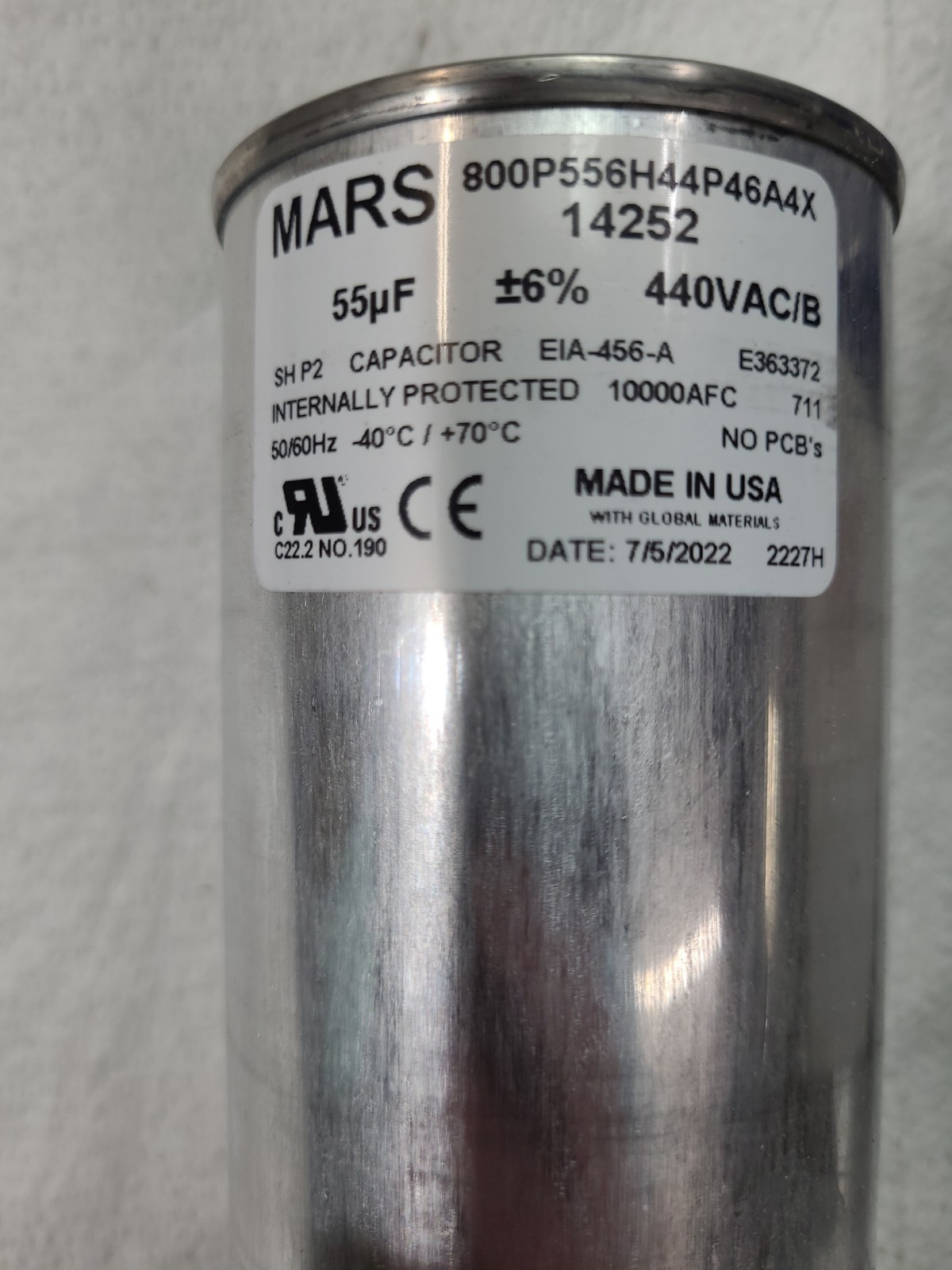 Mars 14252 Motor Run Capacitor NOS 55 MFD- Round 370/440V AC Dual Voltage Rated