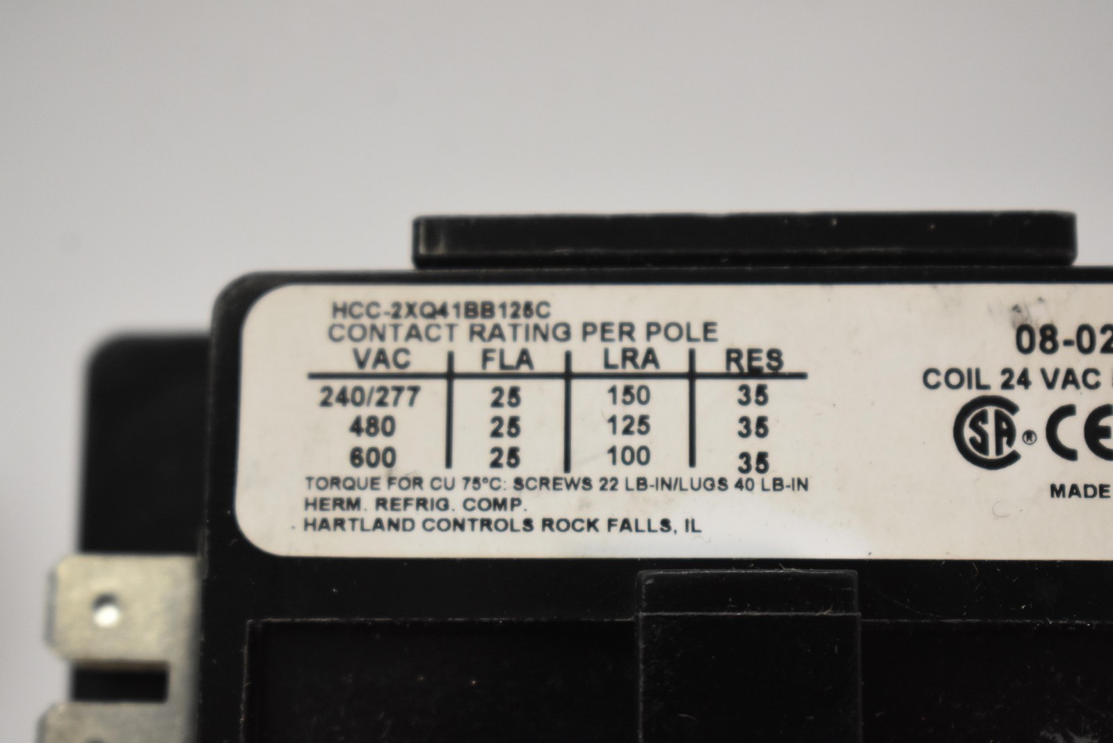 Hartland Controls 08-0215-00 25A 2-Pole Contactor Coil 24VAC Refrigeration HVAC
