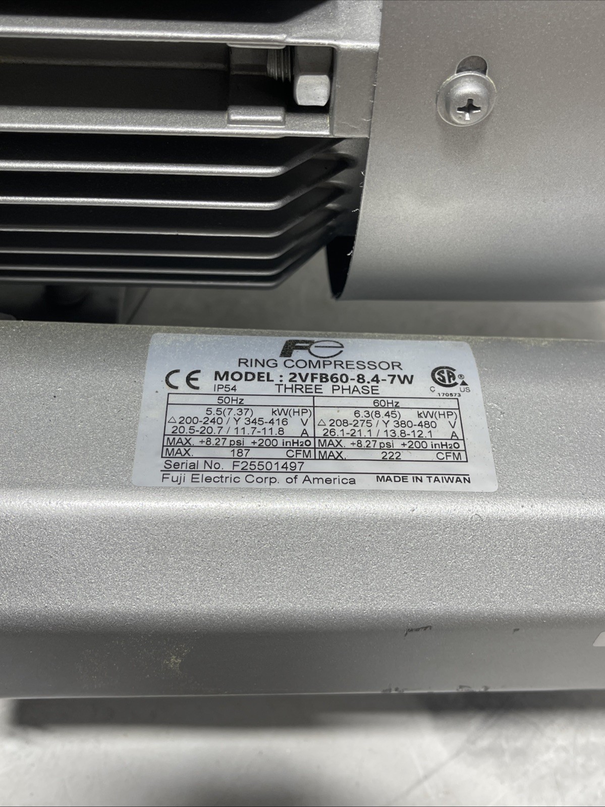 Fuji Electric 2Vfb60-8.4-7W Regenerative Blower,2 In.,7.40 Hp,3 Ph