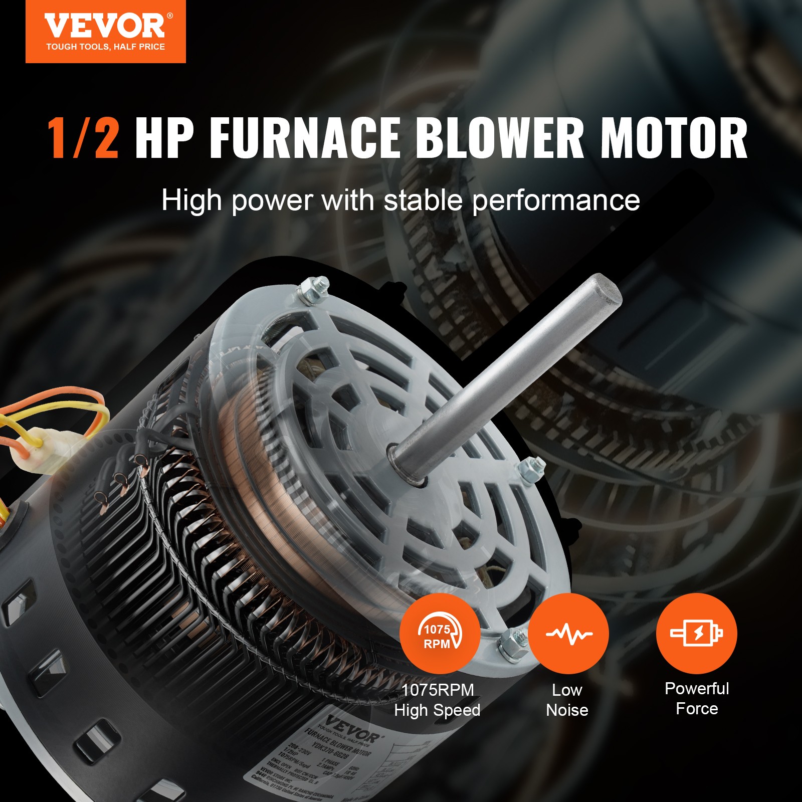 VEVOR 1/2HP Furnace Blower Motor 208-230V 2.7A 1075RPM 5 Speeds 48 Frame 1 Phase