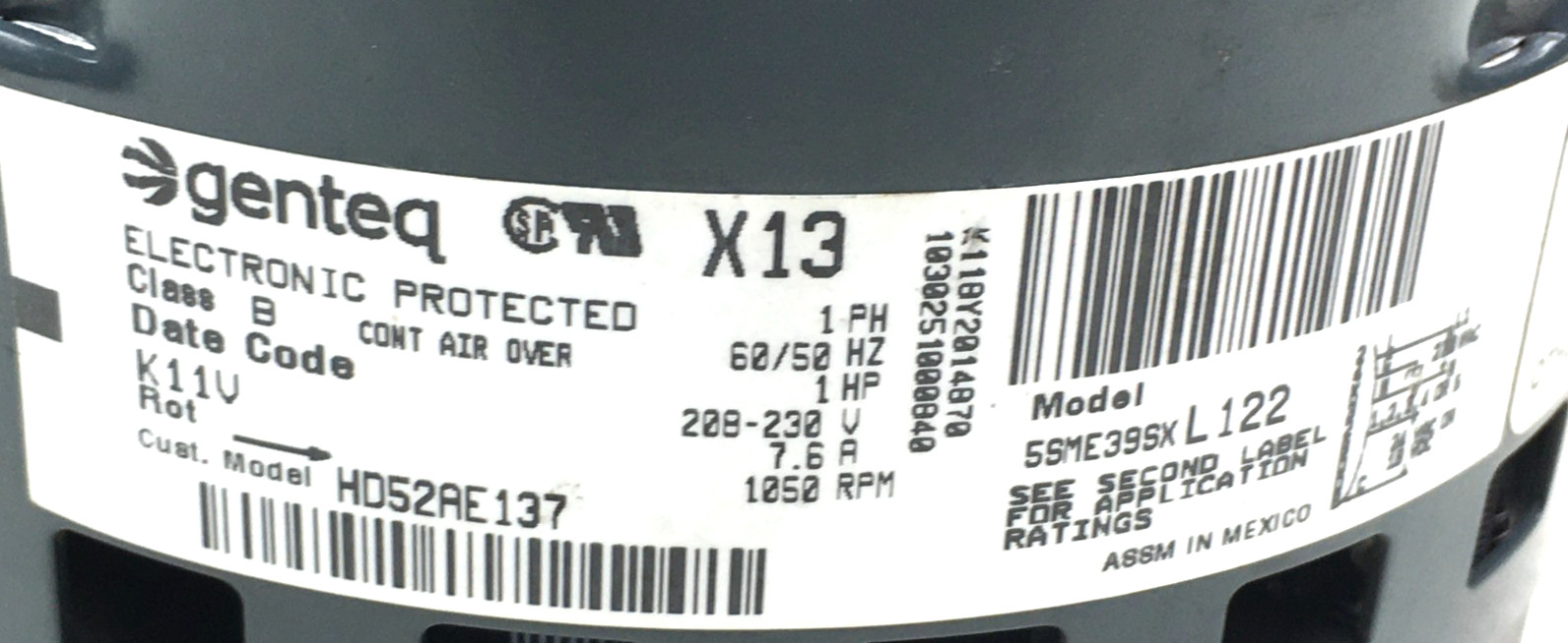 Genteq X13 FM17 5SME39SXL122 Blower Motor HD52AE137 1HP 230V CWLE used #MB996
