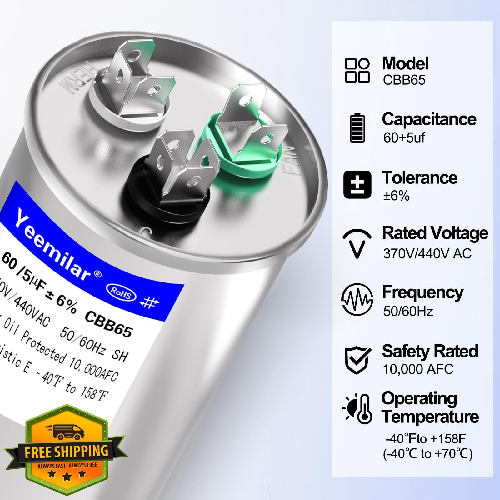 60/5uF 370V/440V CBB65 AC Run Capacitor, HVAC Motor Start Fan Capacitor