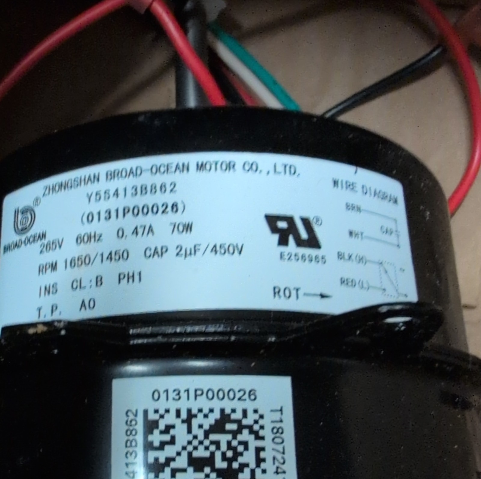 Broad-Ocean Y65413B862 0131P00026 SMALL HVAC/Refrigeration Electric Fan Motor