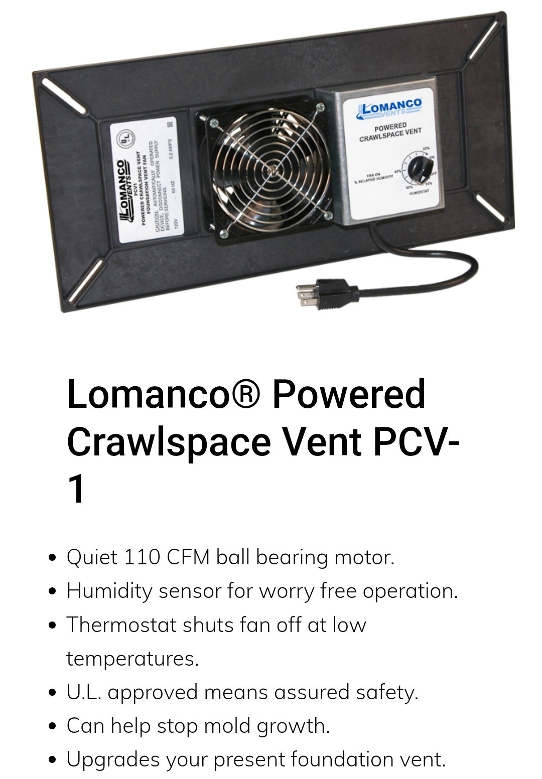 Lomanco PCV1 Powered Crawlspace Vent 19x9x3 Ventilating 1650 Cubic Feet NIB USA