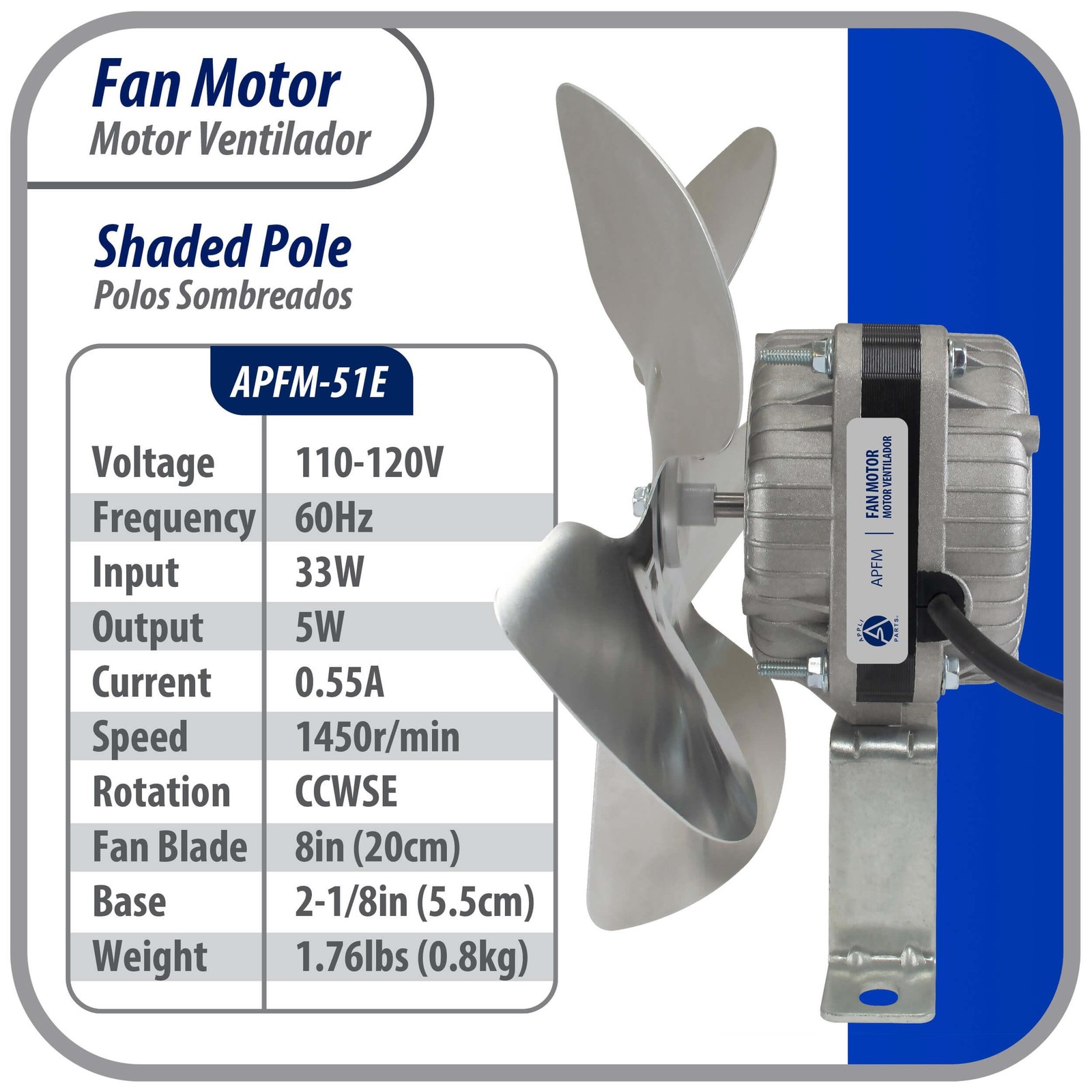 Appli Parts APFM-51E 5W refrigeration condenser and evaporator motor 115V 60Hz 0