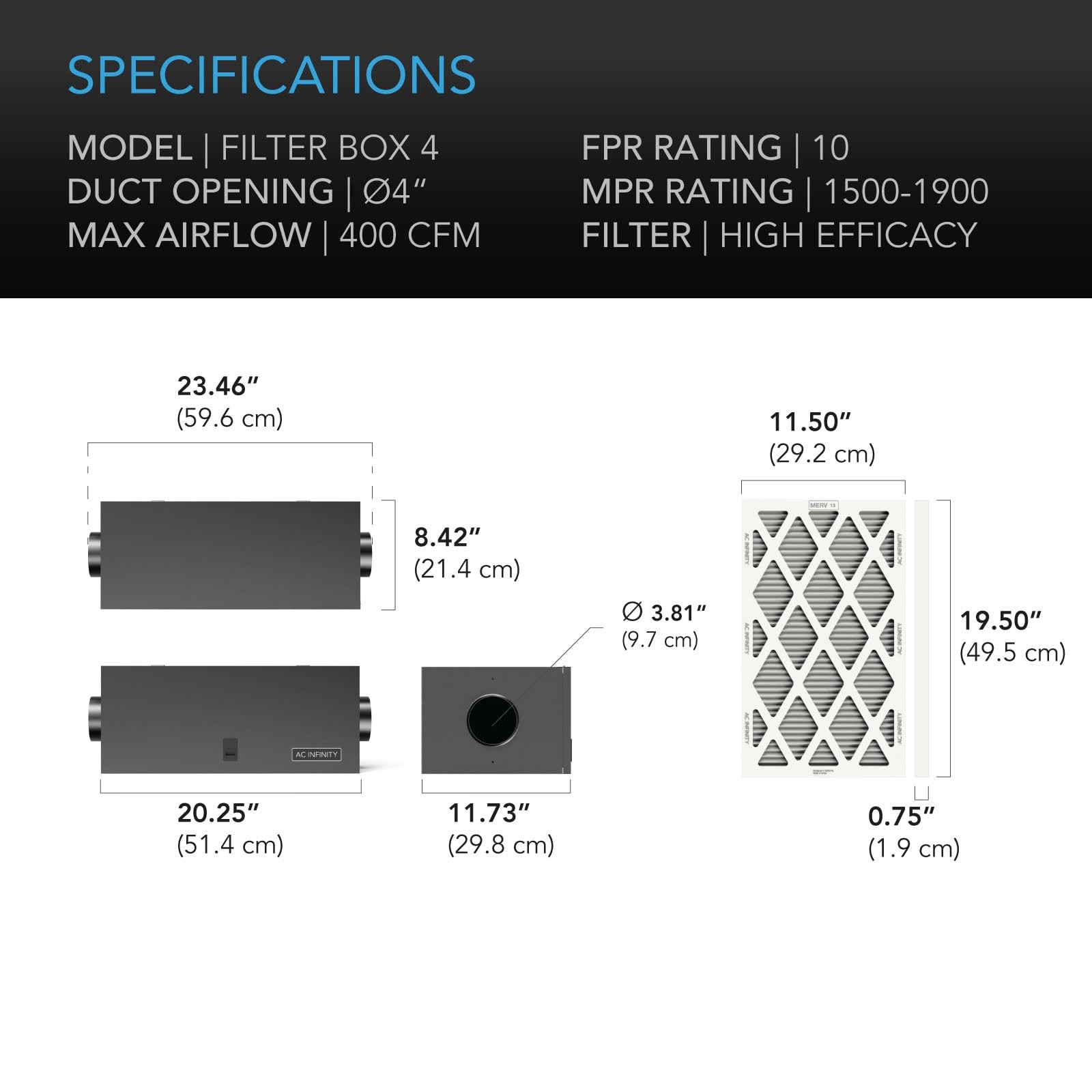 AC Infinity Inline Filter Box 4″ with High Efficacy 8.4″ x 23.5″ x 11.7″