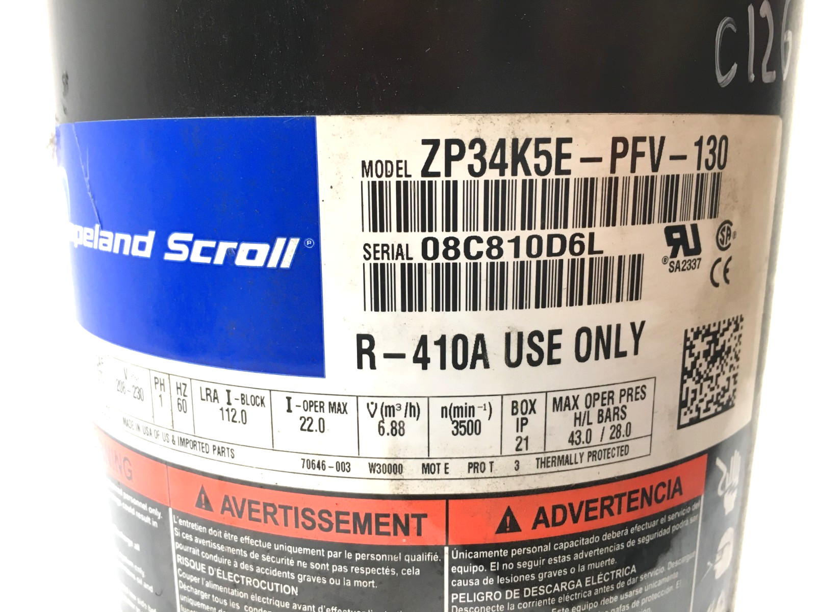 Copeland 3 ton Scroll Compressor ZP34K5E-PFV-130 1PH R-410A use only! used #C126