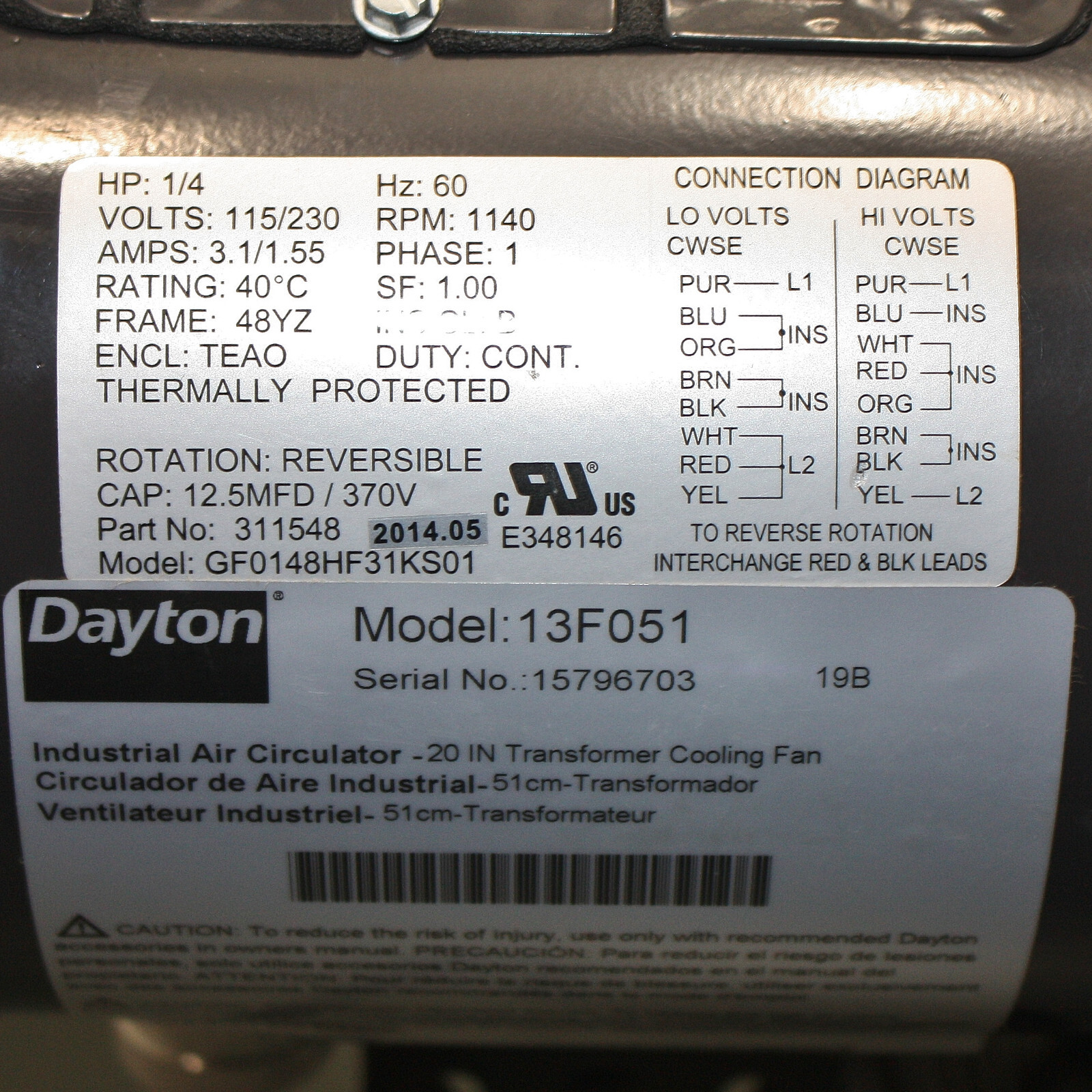 Dayton Transformer Cooling Fan 13F051, 20″ Blade, 115/230V AC, 1/4HP Guard Mount