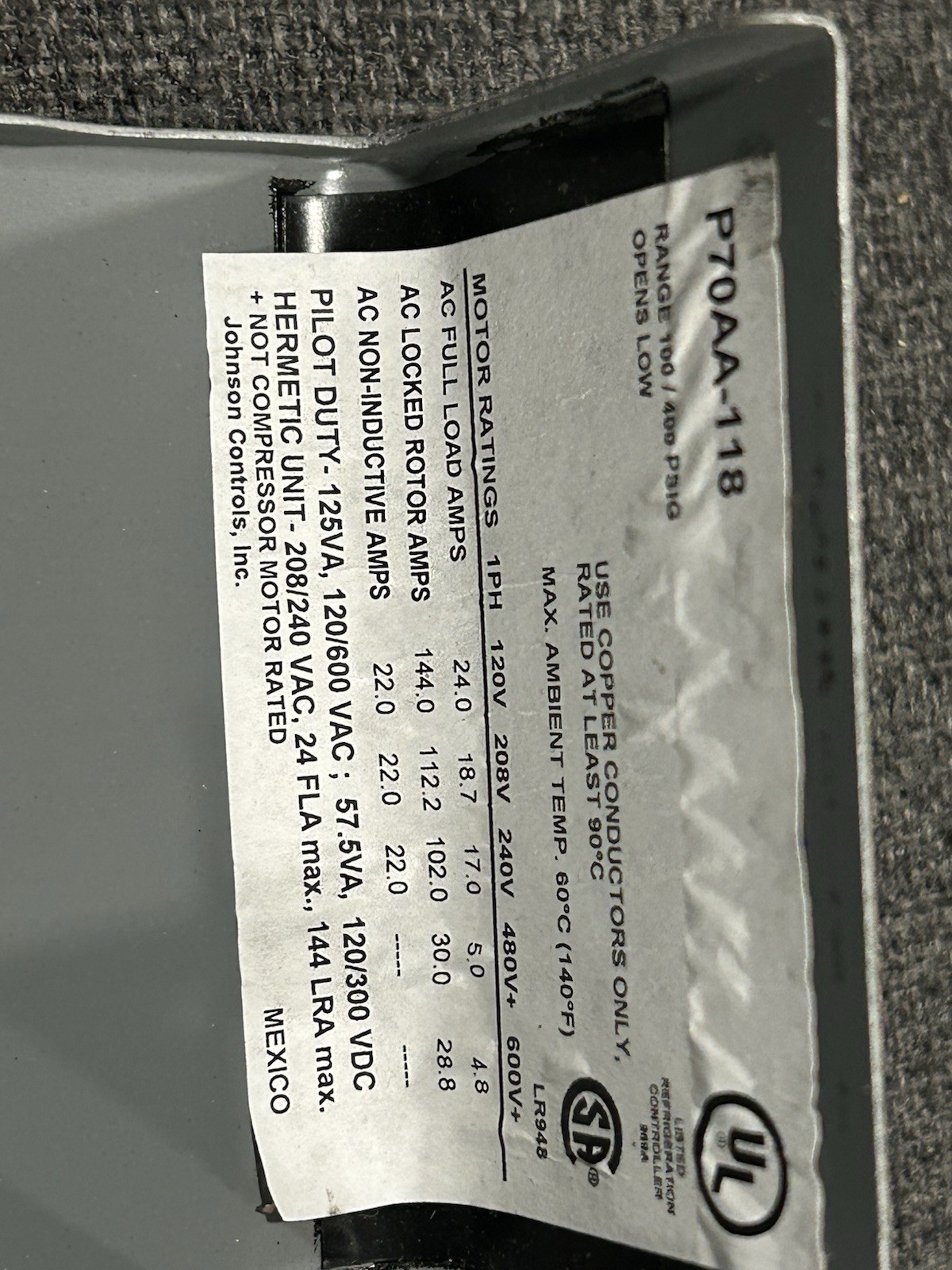 Johnson Controls P70aa-118 Pressure Control,Low,100 To 400