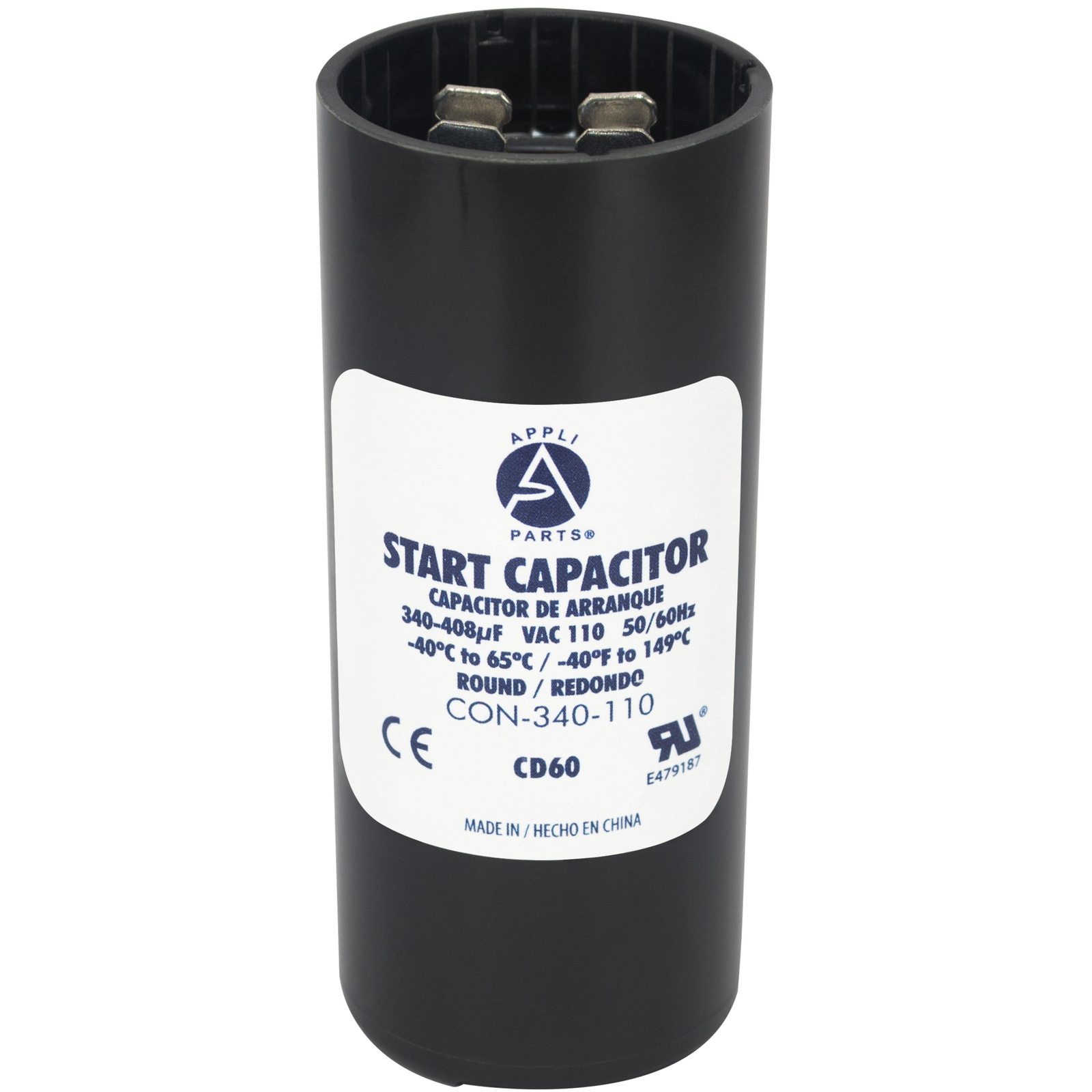 Appli Parts motor start capacitor 340-408 Mfd (microfarads) uF 110-125 VAC unive